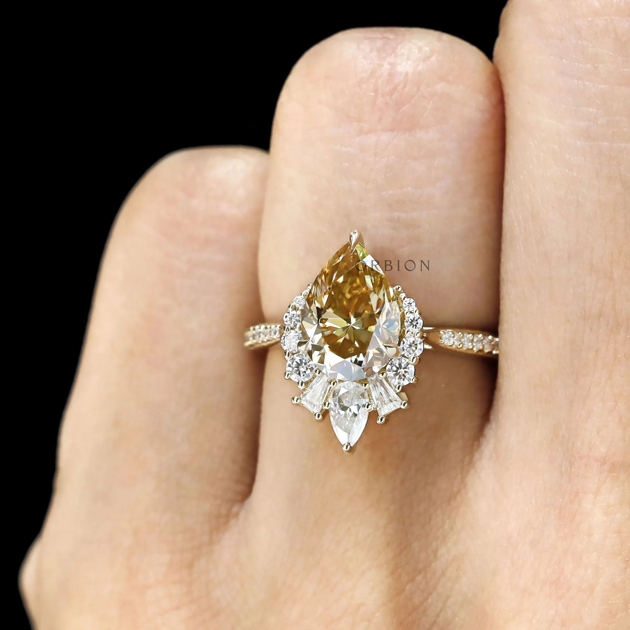 Modern Pear Moissanite Engagement Ring with Champagne Color and Pave Shank