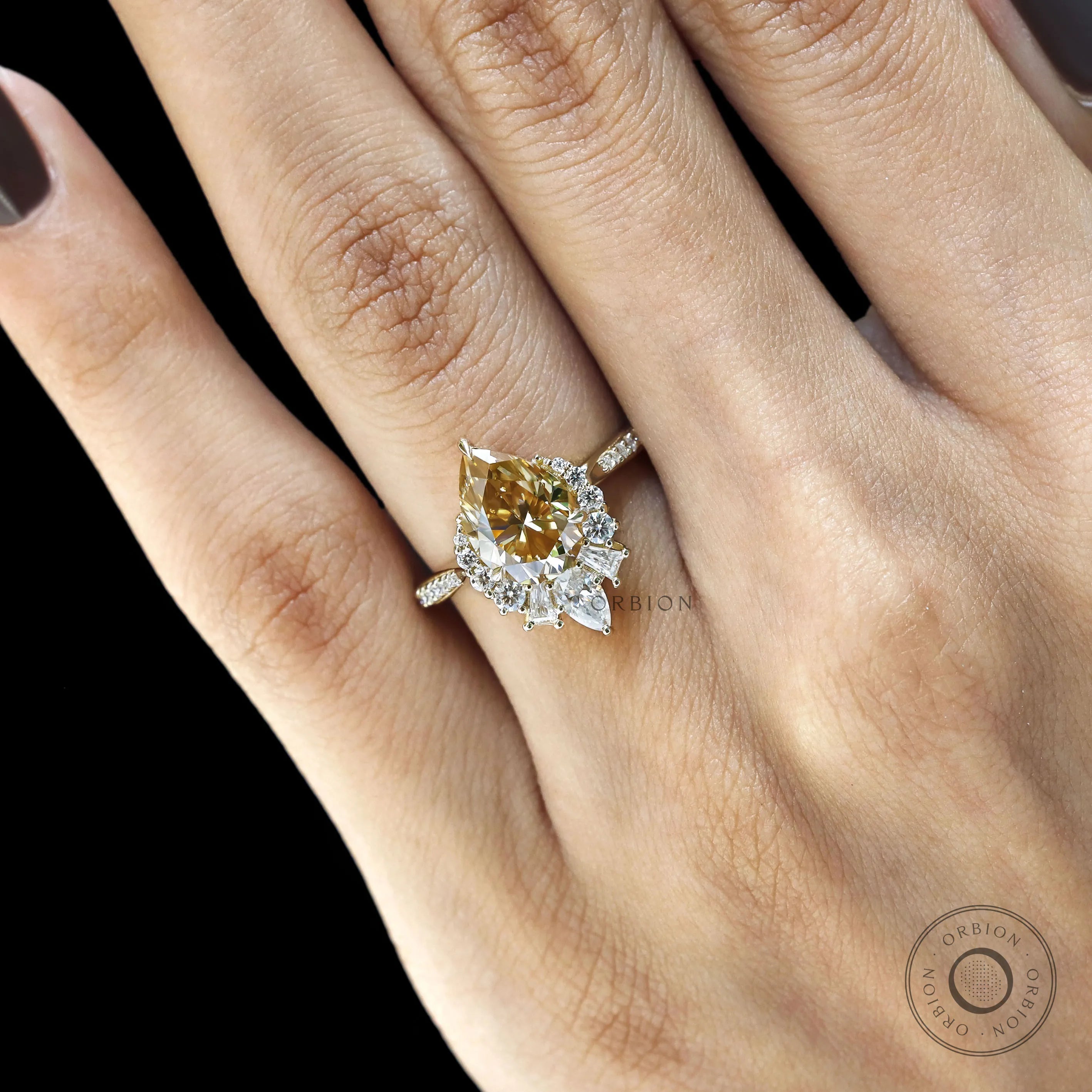Half Halo Pear Moissanite Engagement Ring in 10k Gold