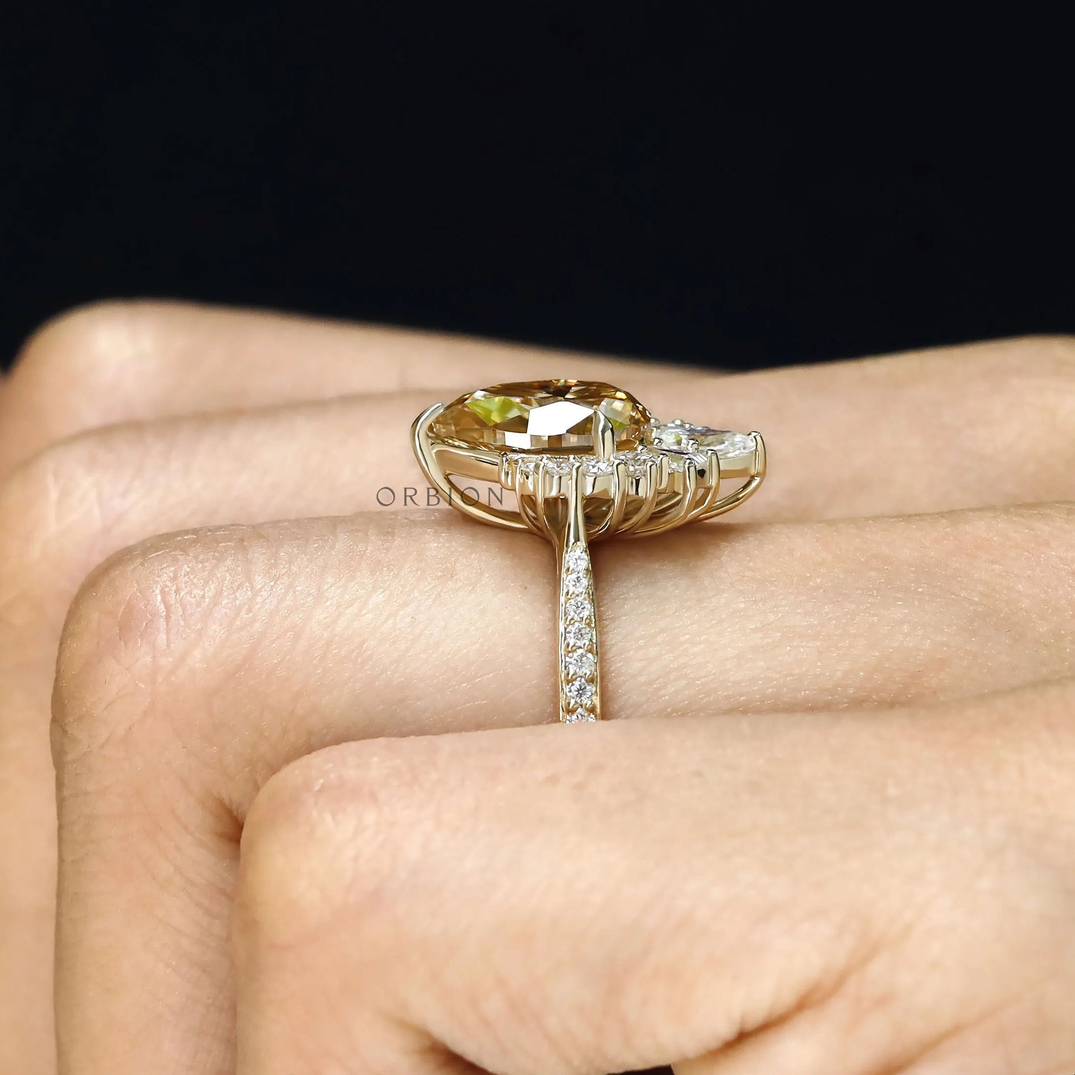 Bridal Engagement Ring with Pear Champagne Moissanite and Crown Style Halo