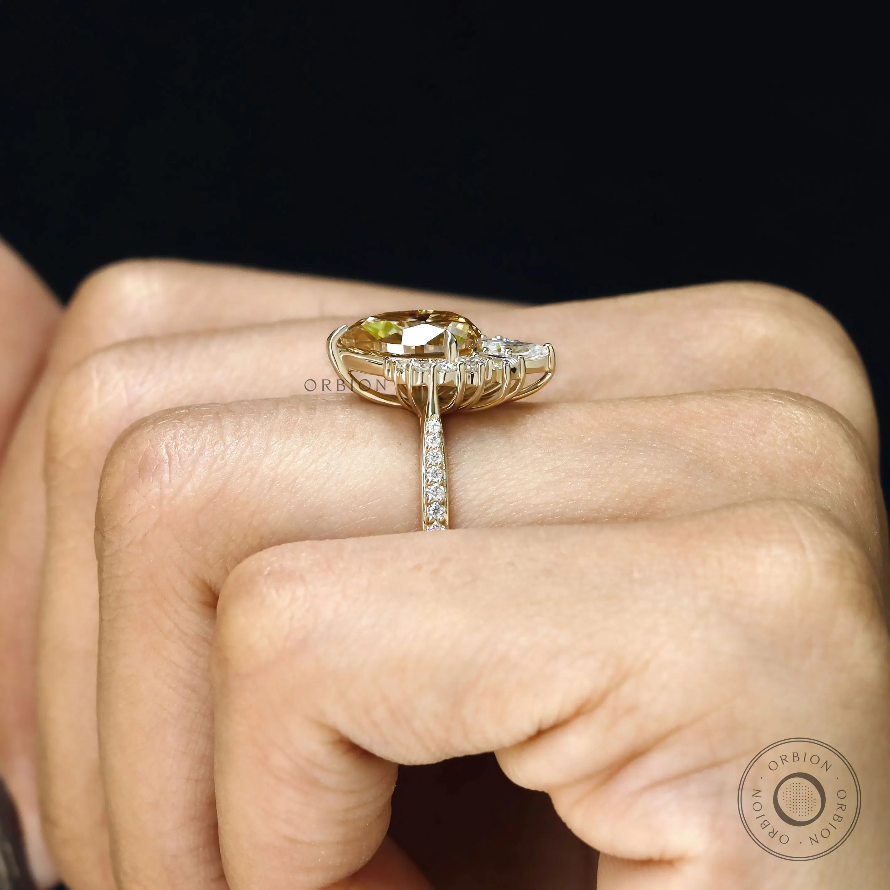 Bridal Engagement Ring with Pear Champagne Moissanite and Crown Style Halo