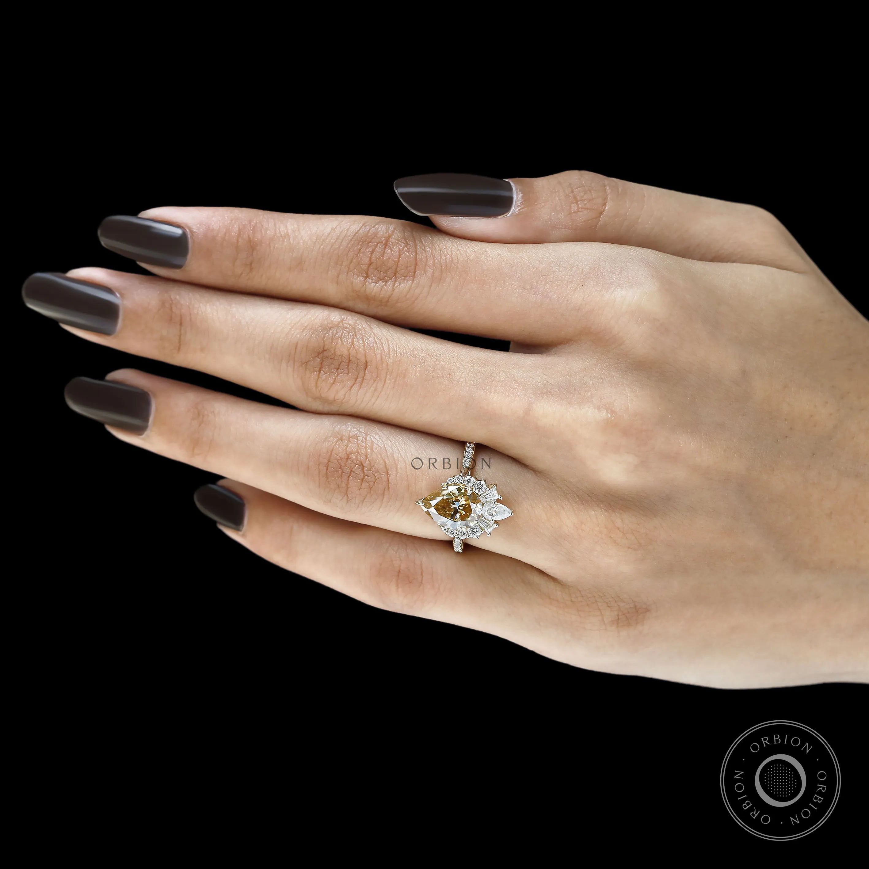Statement Pear Moissanite Cluster Engagement Ring in Half Halo Design