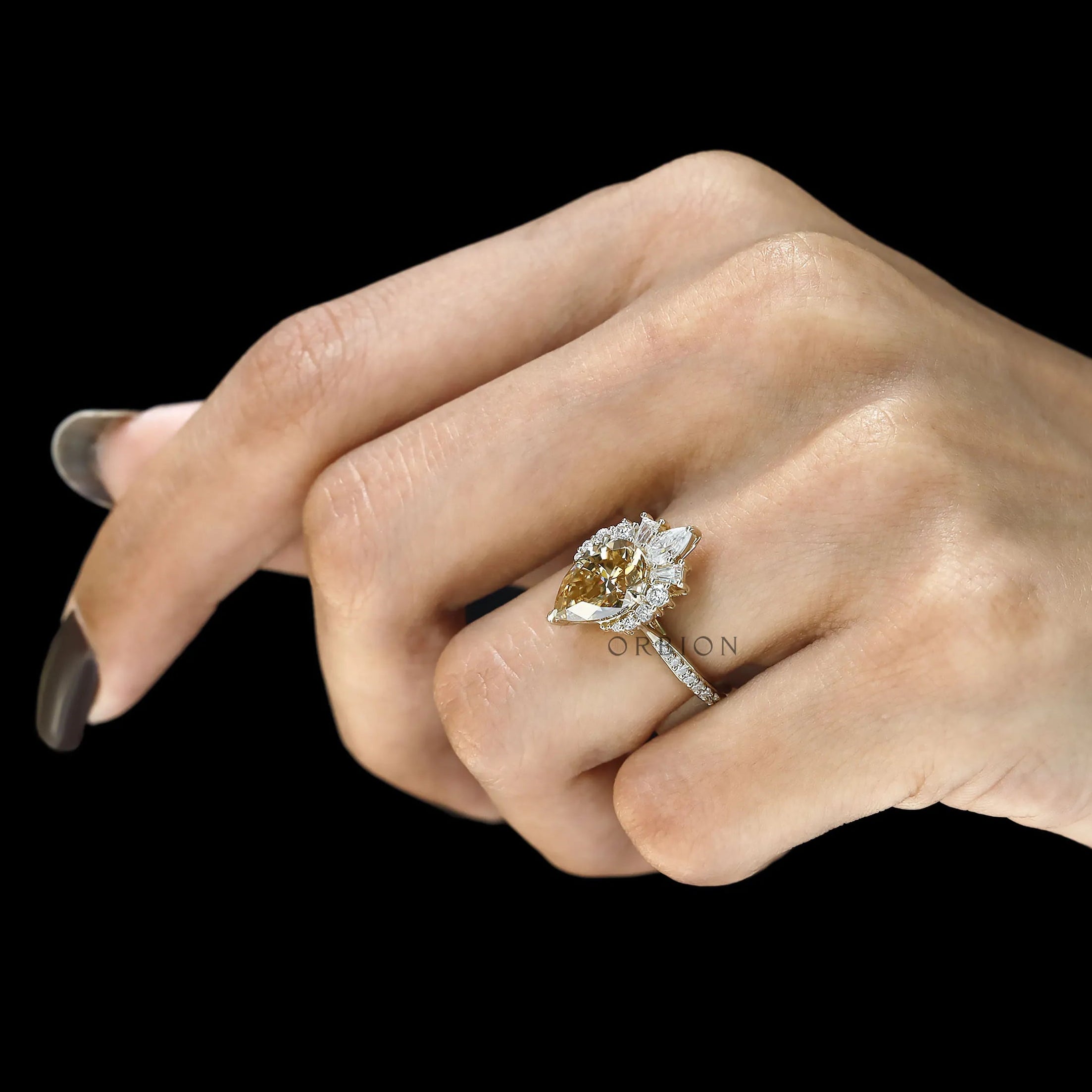 Dazzling Pear Champagne Moissanite Engagement Ring with Pave Euro Shank