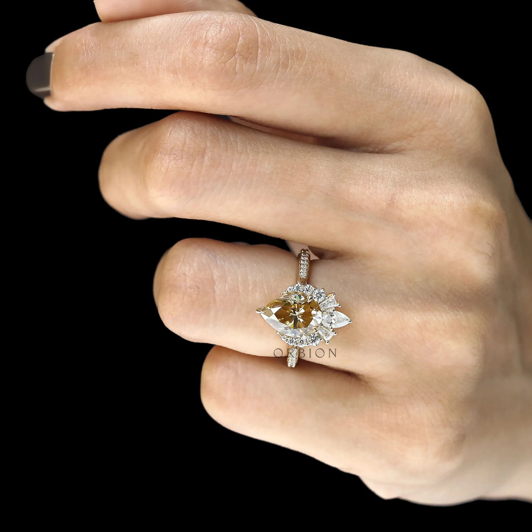 Fine Jewelry Pear Shaped Champagne Moissanite Half Halo Ring for Women
