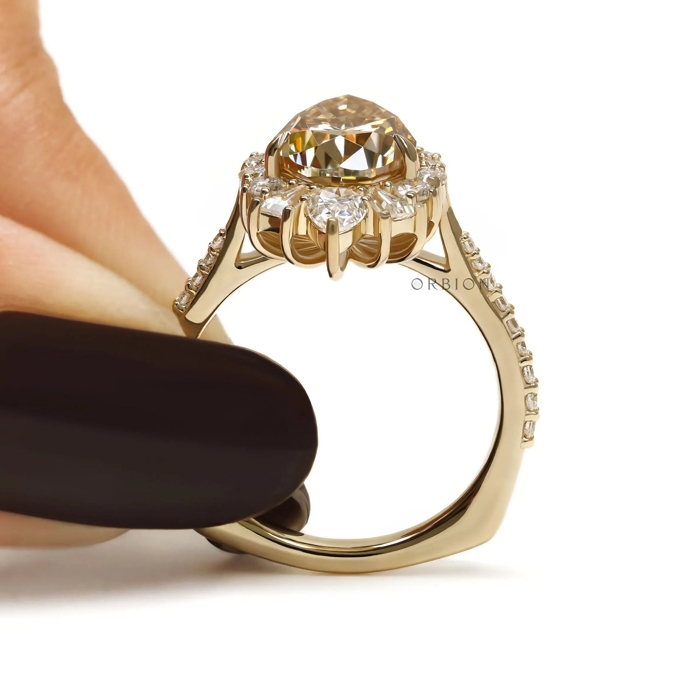 Luxury Pear Moissanite Engagement Ring with Champagne Center Stone and Cluster Halo