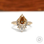 Pear Champagne Moissanite Half Halo Cluster Engagement Ring with Pave Euro Shank in 10k Yellow Gold
