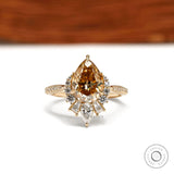 Pear Champagne Moissanite Half Halo Cluster Engagement Ring with Pave Euro Shank in 10k Yellow Gold