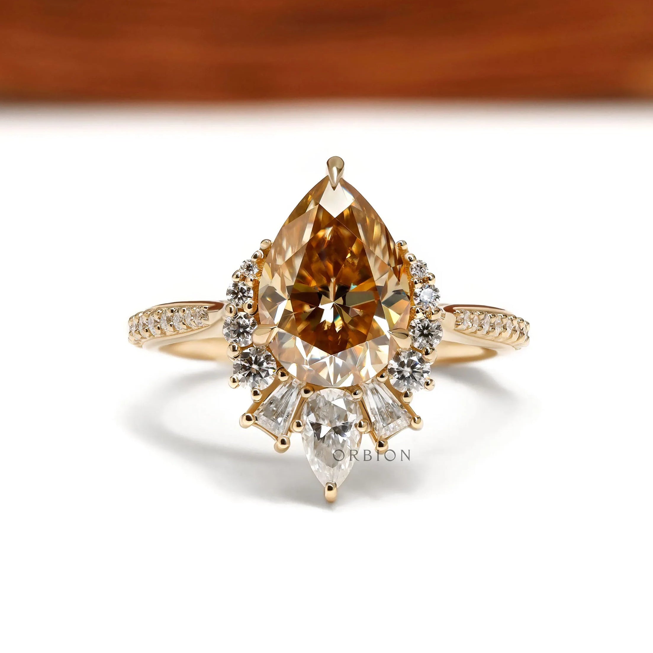 Pear Champagne Moissanite Half Halo Cluster Engagement Ring with Pave Euro Shank in 10k Yellow Gold