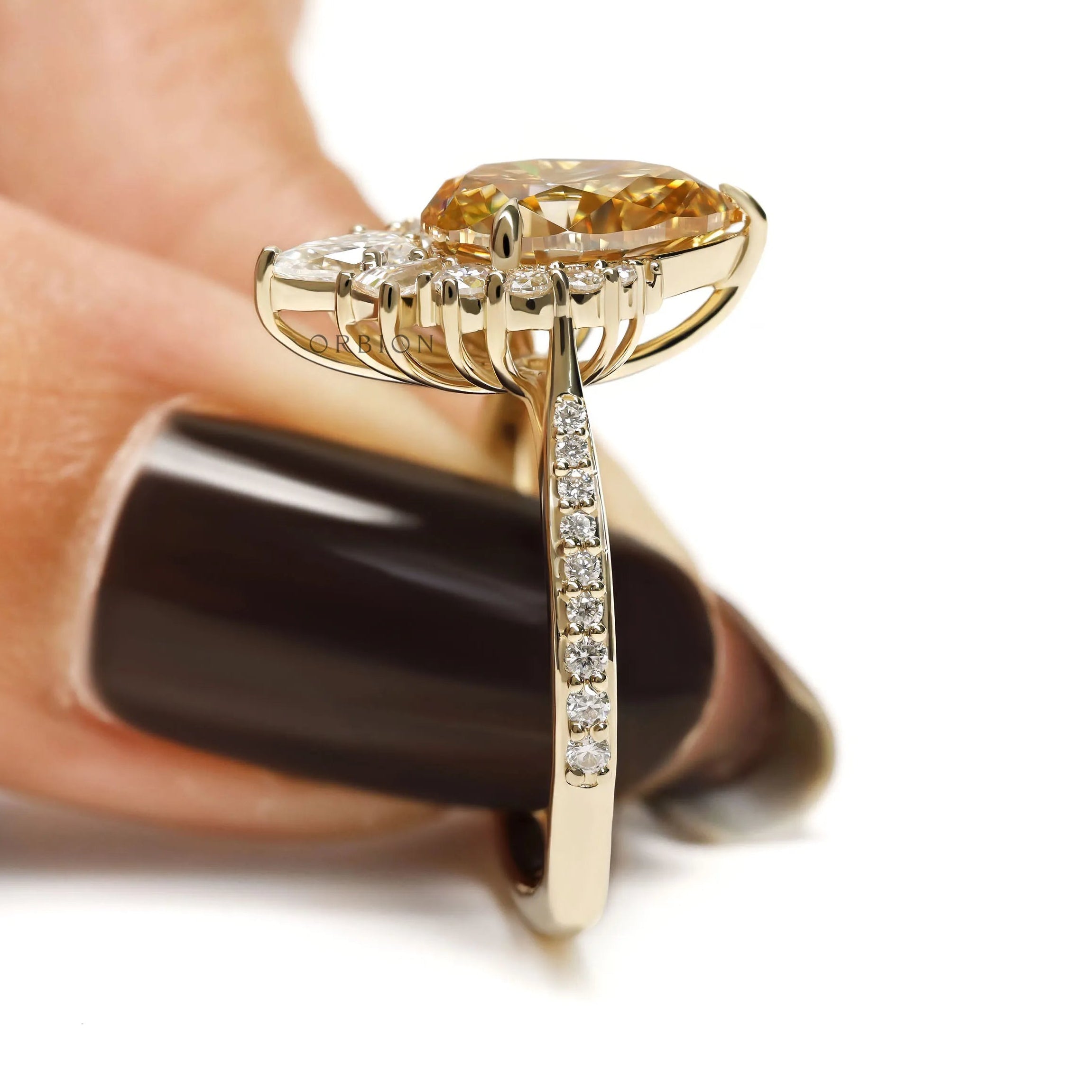 10k Yellow Gold Engagement Ring with Pear Champagne Moissanite and Pave Band