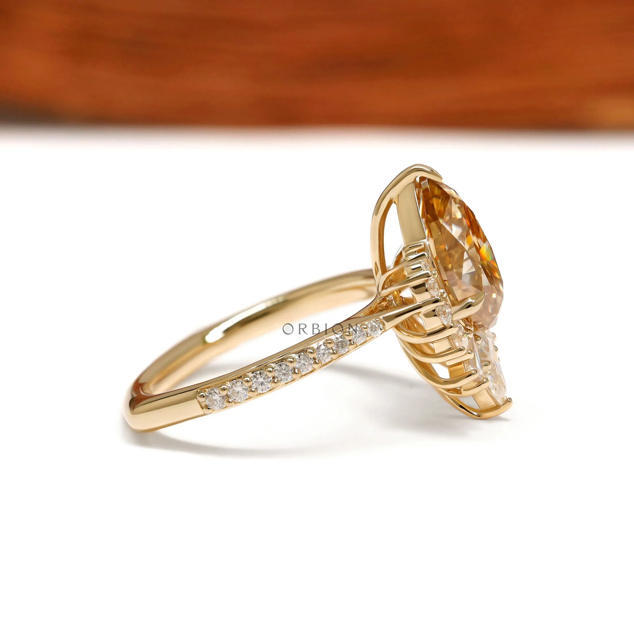 Pear Shaped Champagne Moissanite Cluster Ring in 10k Yellow Gold for Engagement