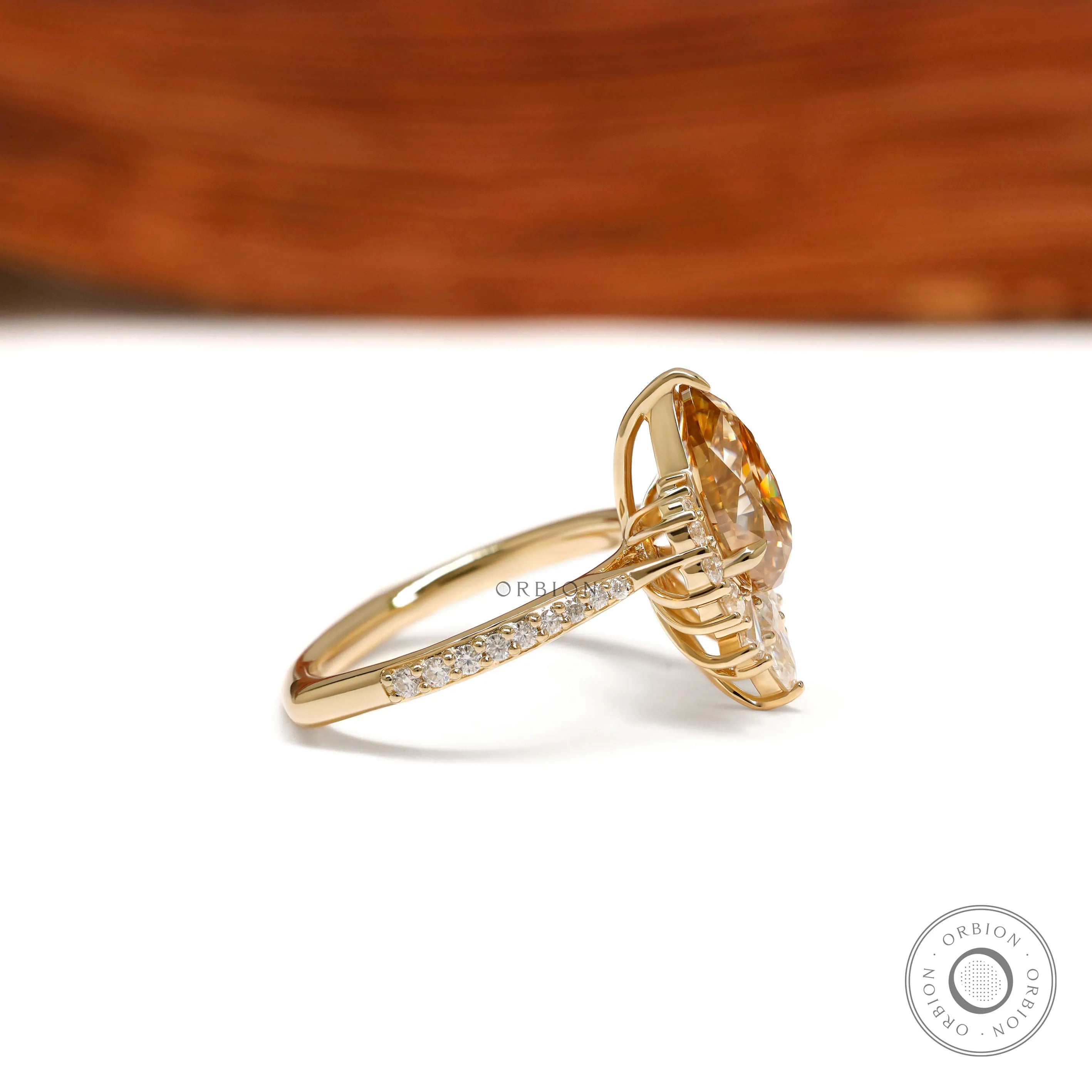 Pear Shaped Champagne Moissanite Cluster Ring in 10k Yellow Gold for Engagement