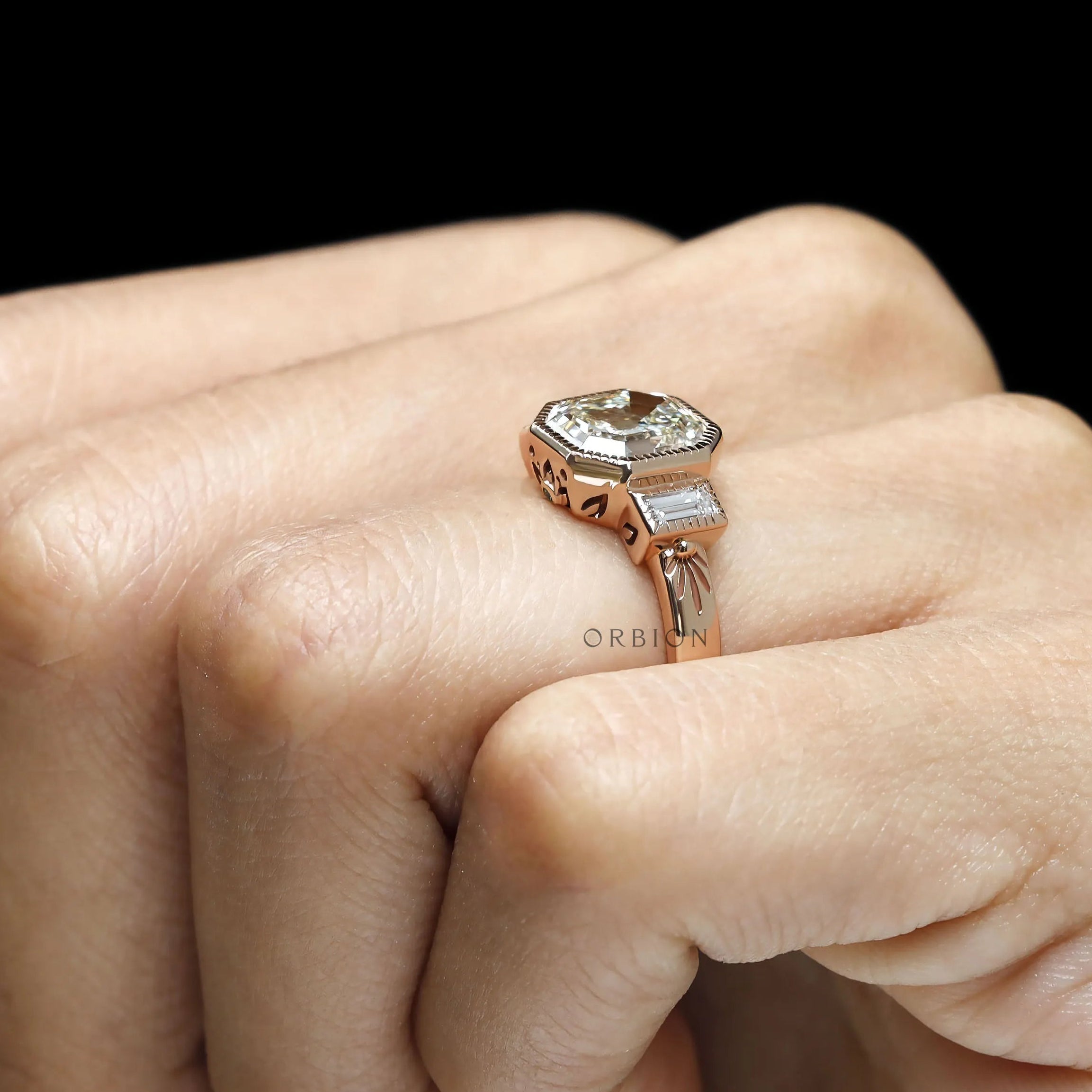Elongated asscher lab diamond or moissanite ring with architectural art deco design