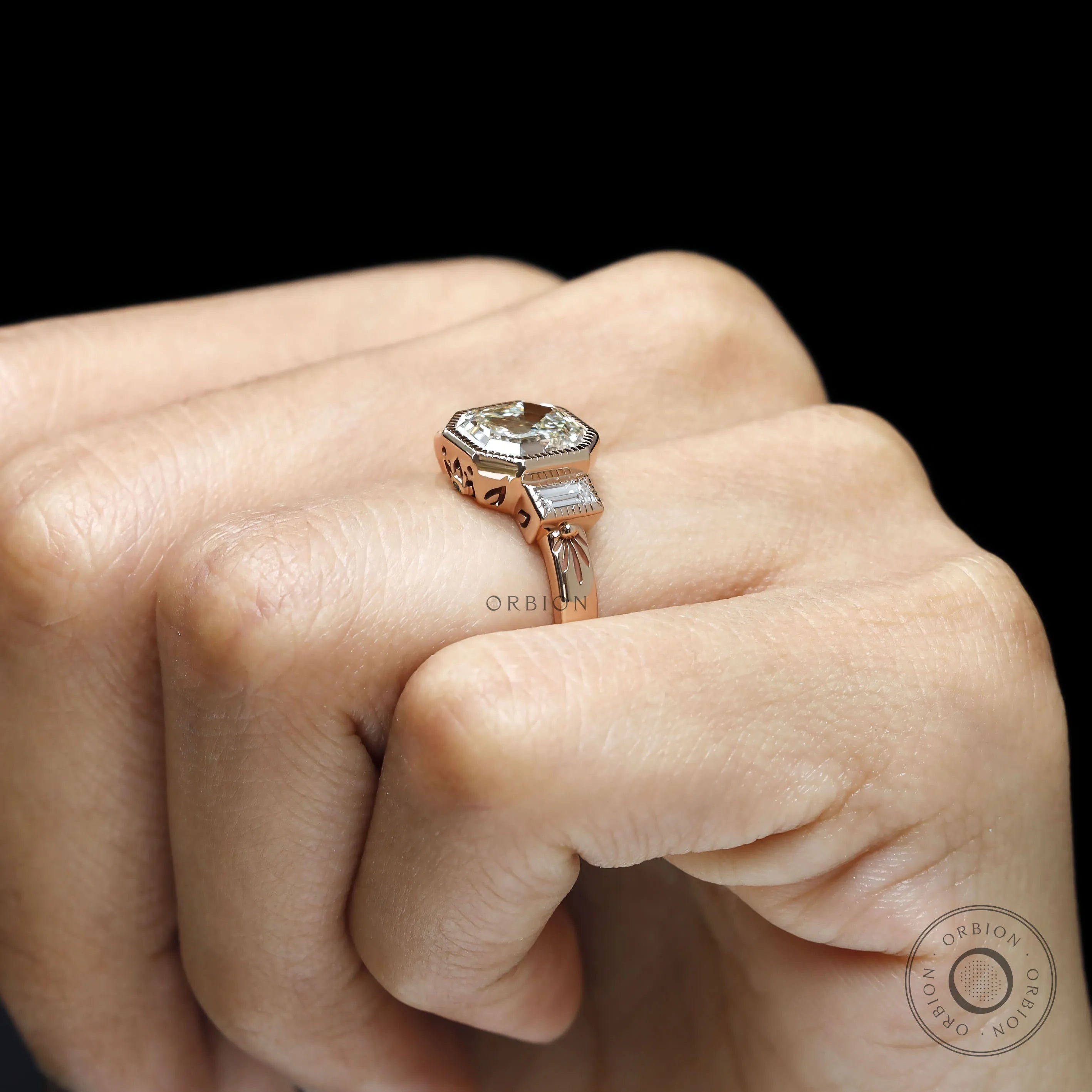 Elongated asscher lab diamond or moissanite ring with architectural art deco design