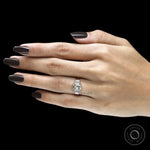 18k rose gold three stone engagement ring with bezel set elongated asscher lab diamond