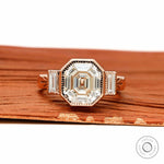 Elongated asscher cut three stone engagement ring with bezel set lab diamond or moissanite