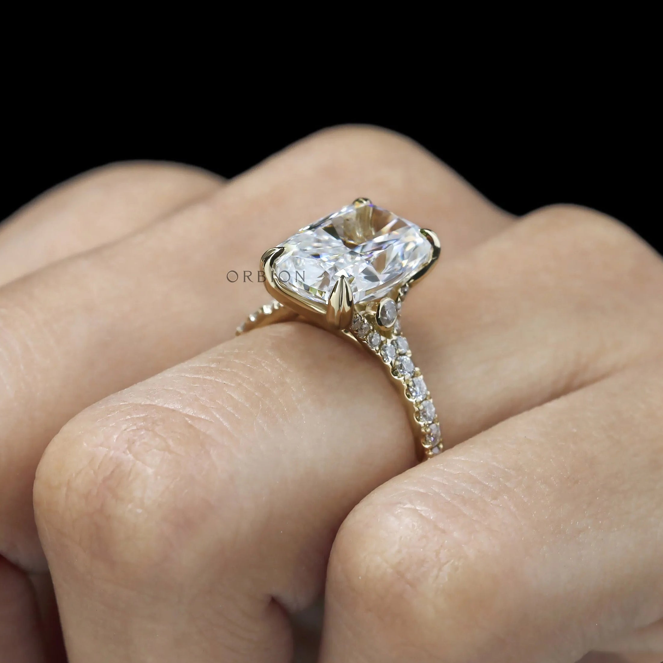 Yellow Gold Pave Split Shank Ring with 4 CT Elongated Cushion Center Stone