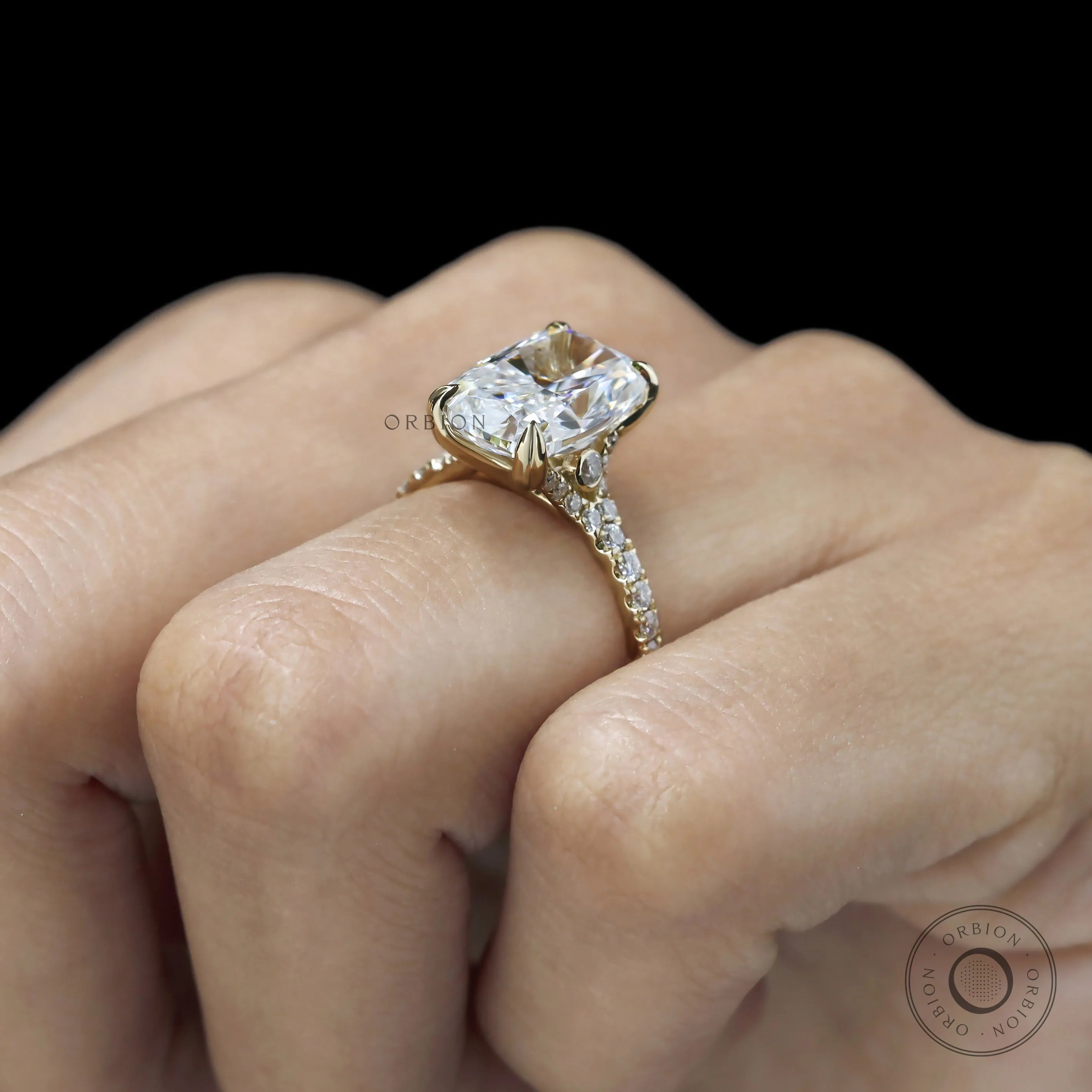 Yellow Gold Pave Split Shank Ring with 4 CT Elongated Cushion Center Stone