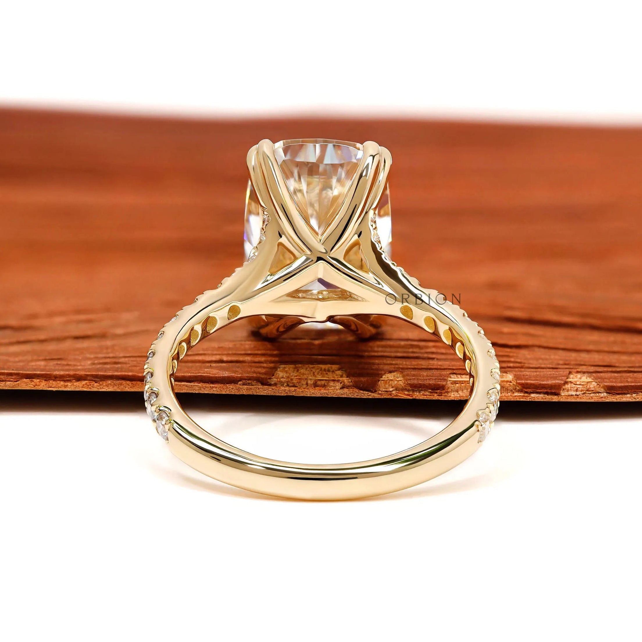 Pave Split Shank Engagement Ring with 4 CT Elongated Cushion Stone in Yellow Gold