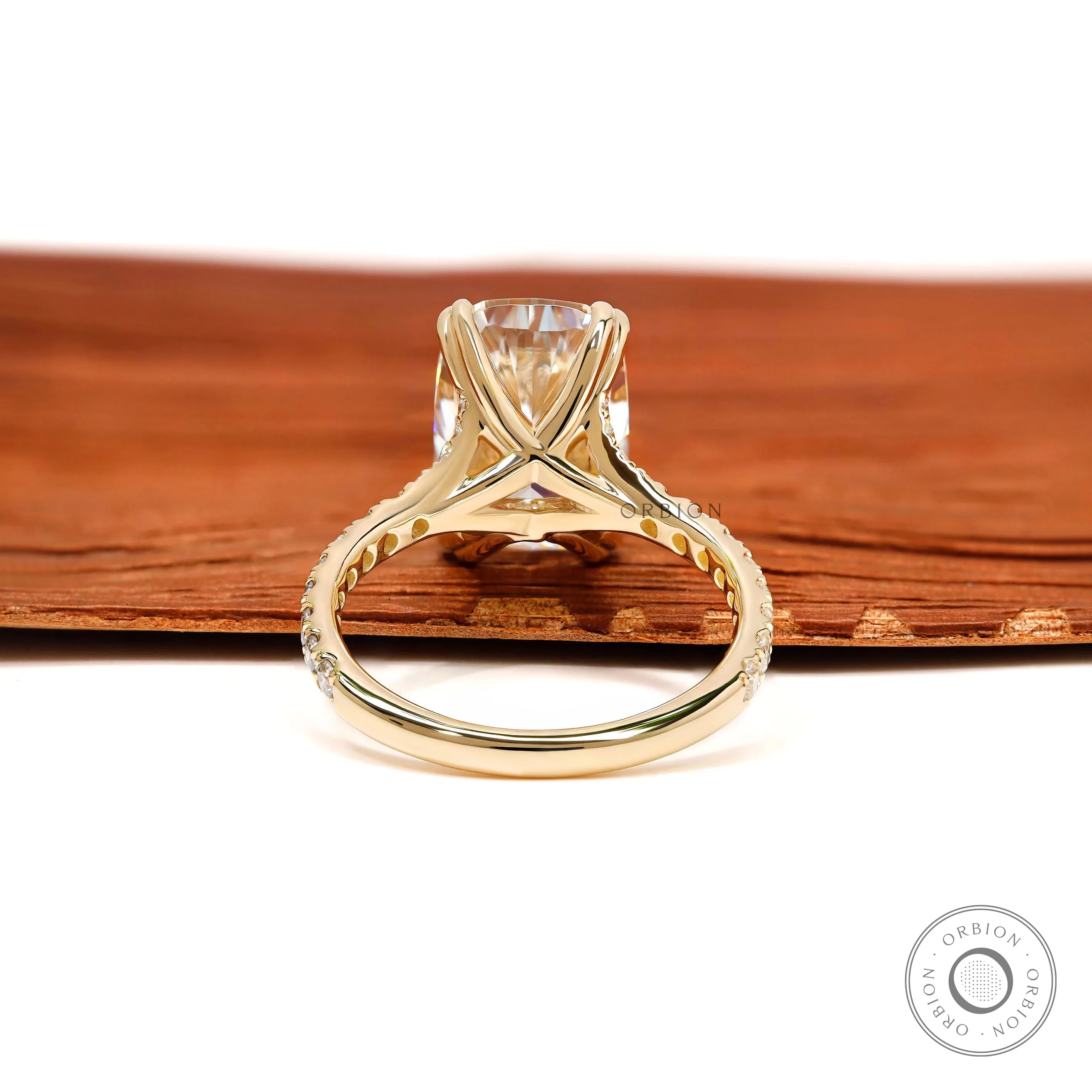 Pave Split Shank Engagement Ring with 4 CT Elongated Cushion Stone in Yellow Gold