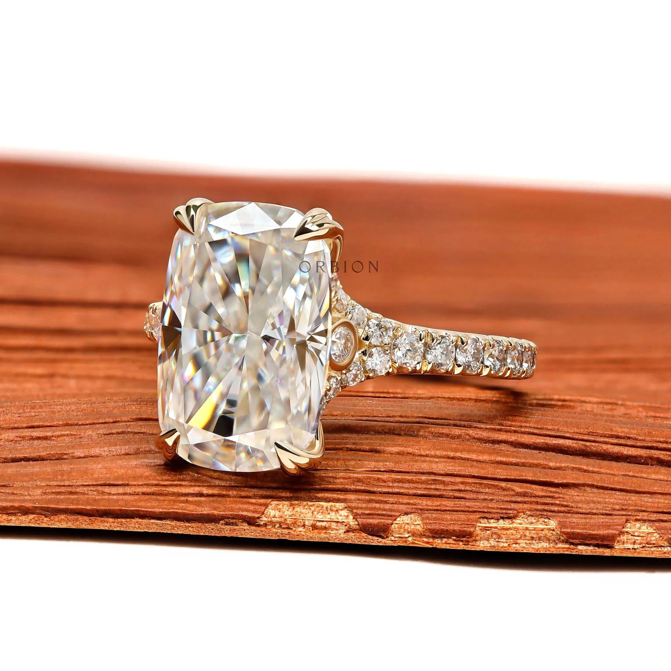 Yellow Gold Engagement Ring Featuring 4 CT Elongated Cushion Moissanite or Lab Diamond