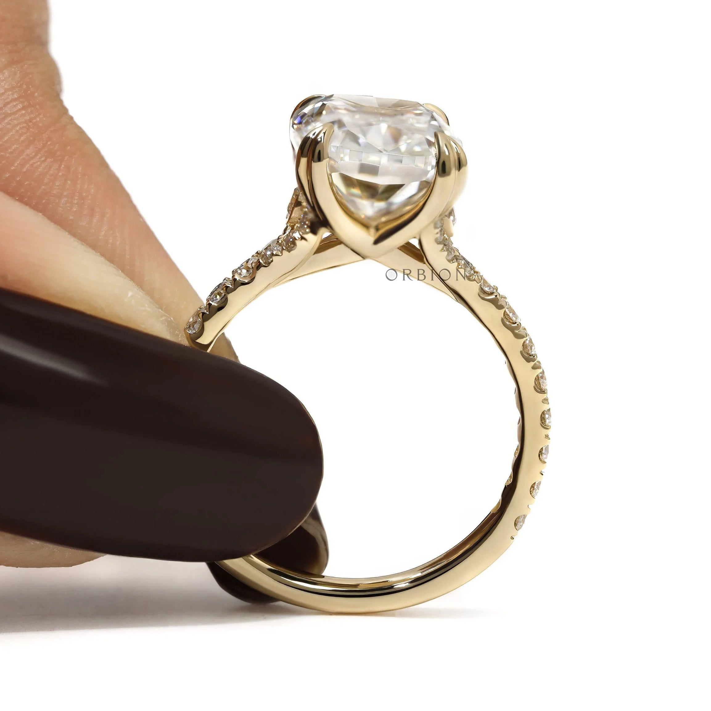 Raised Prongs Yellow Gold Ring with 4 CT Elongated Cushion Moissanite or Lab Diamond