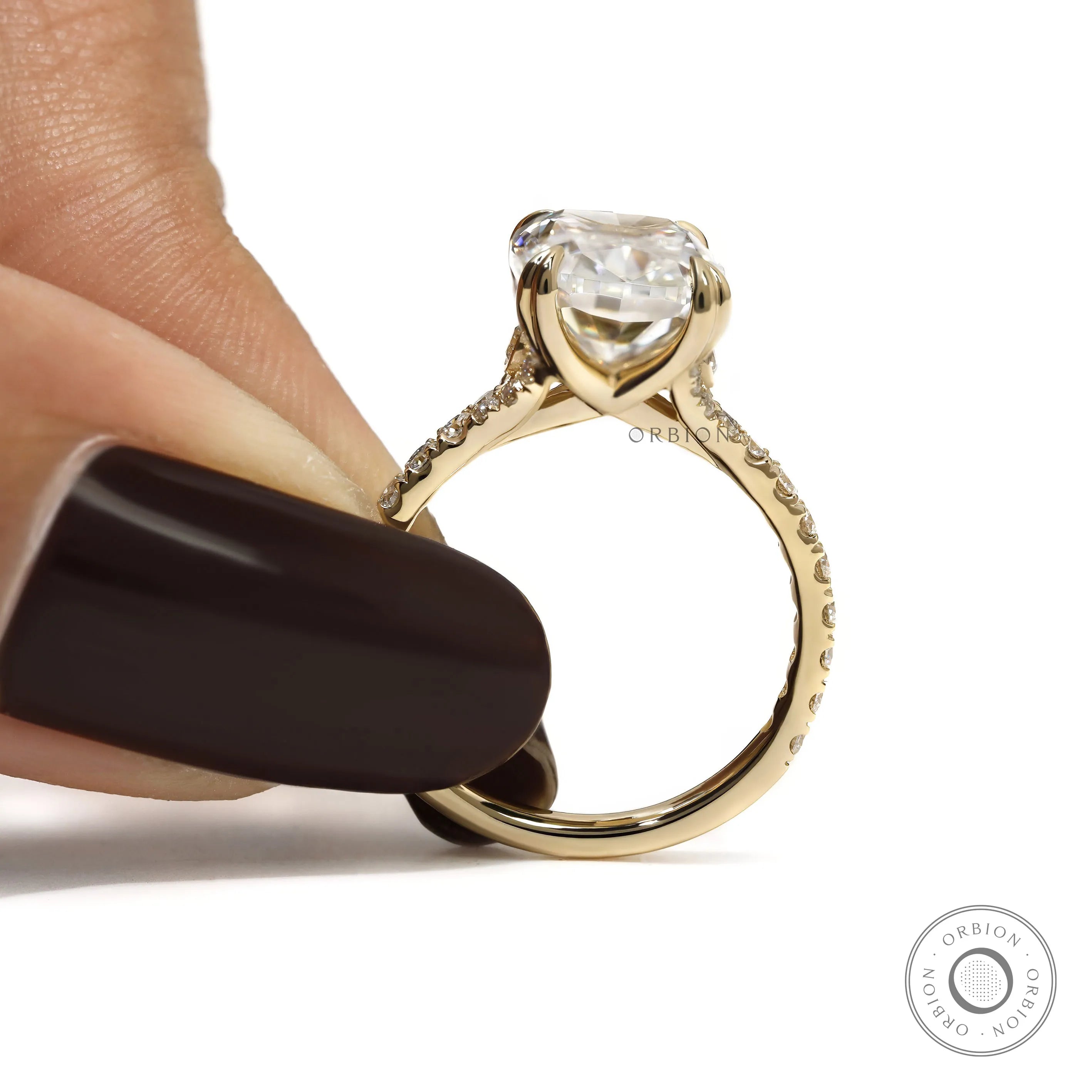 Raised Prongs Yellow Gold Ring with 4 CT Elongated Cushion Moissanite or Lab Diamond