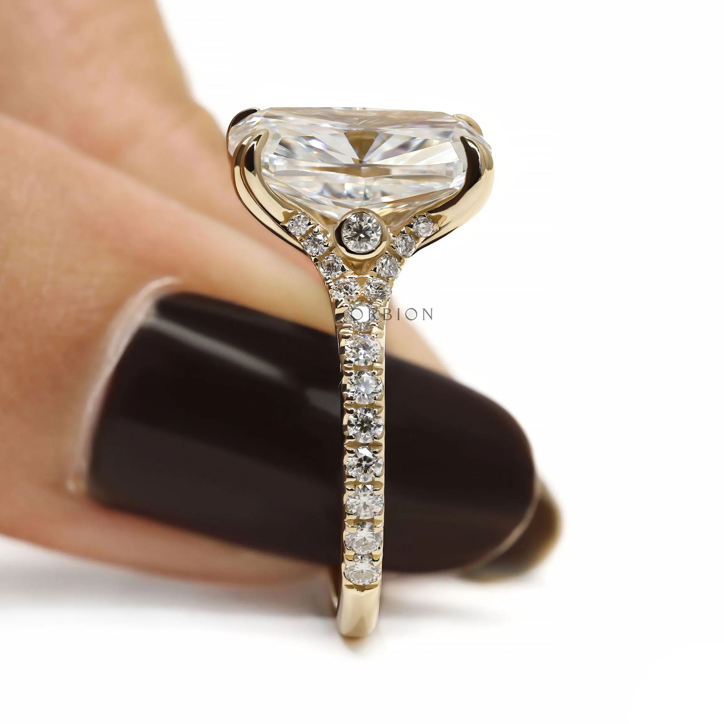 4 CT Elongated Cushion Center Stone Engagement Ring in Pave Split Shank Setting