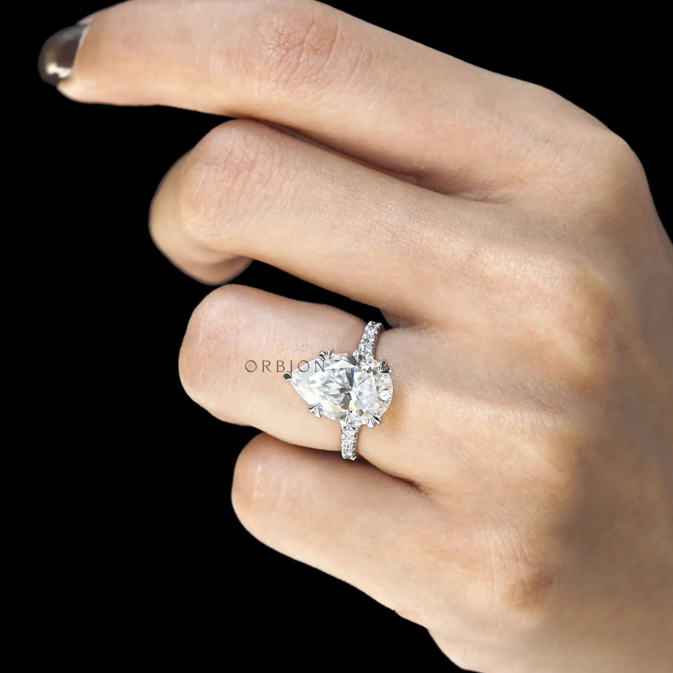 Luxury pear cut engagement ring available in moissanite or lab diamond