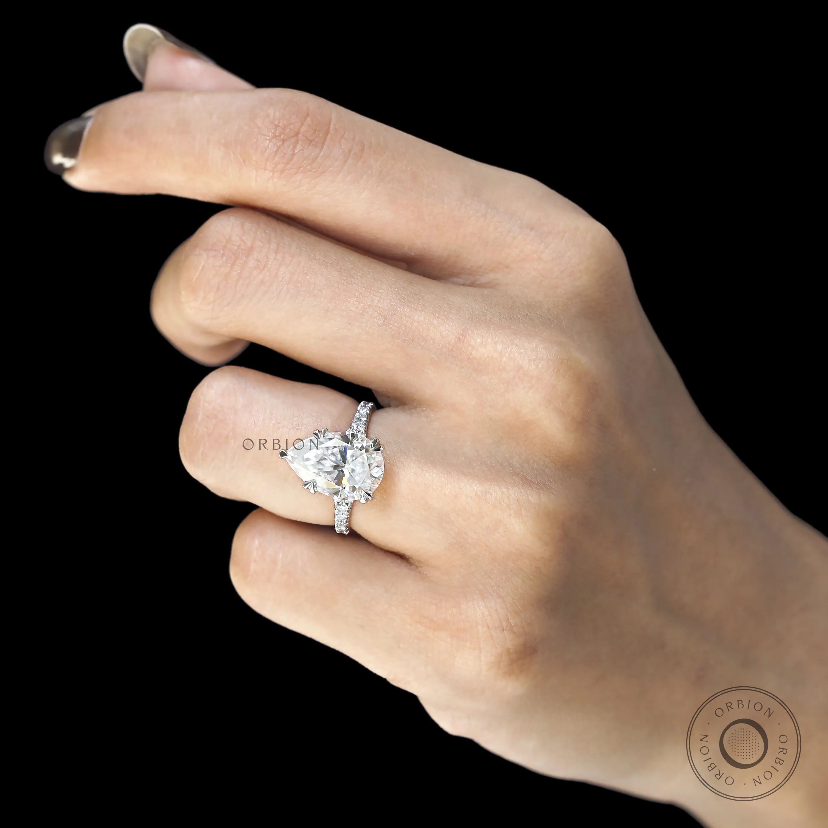 Luxury pear cut engagement ring available in moissanite or lab diamond