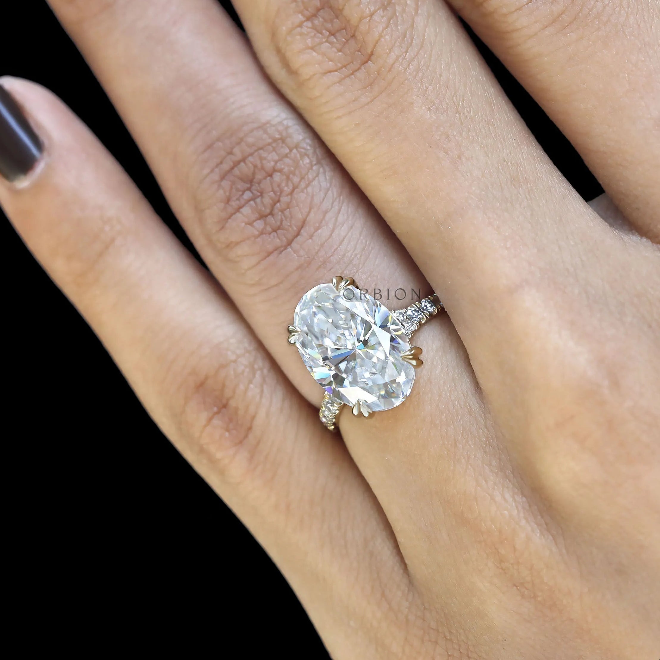 5.50 CT oval solitaire moissanite ring with pave split shank, cathedral setting, lab diamond option, yellow gold