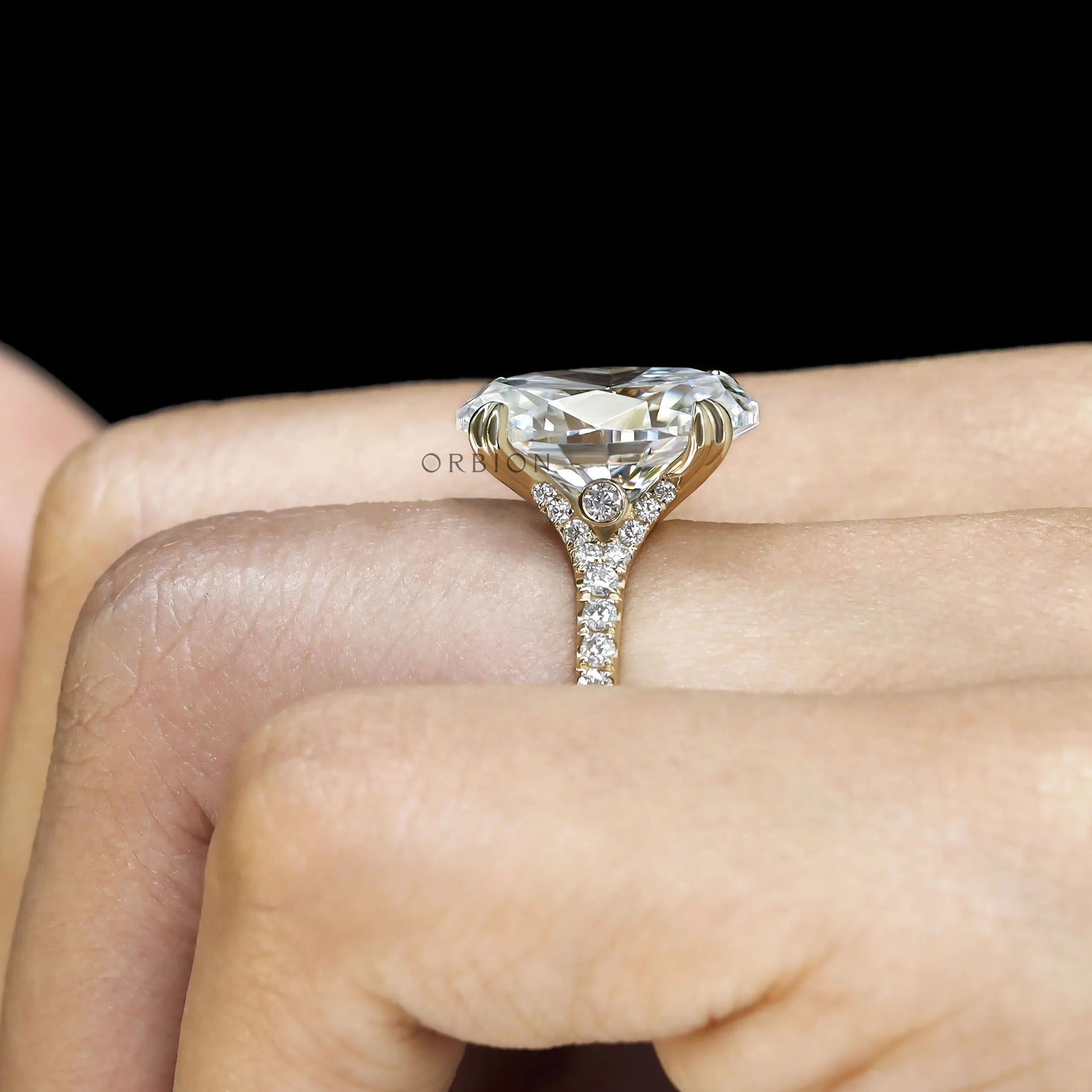 Cathedral engagement ring with 5.50 CT oval moissanite or lab diamond, split shank, 10k yellow gold