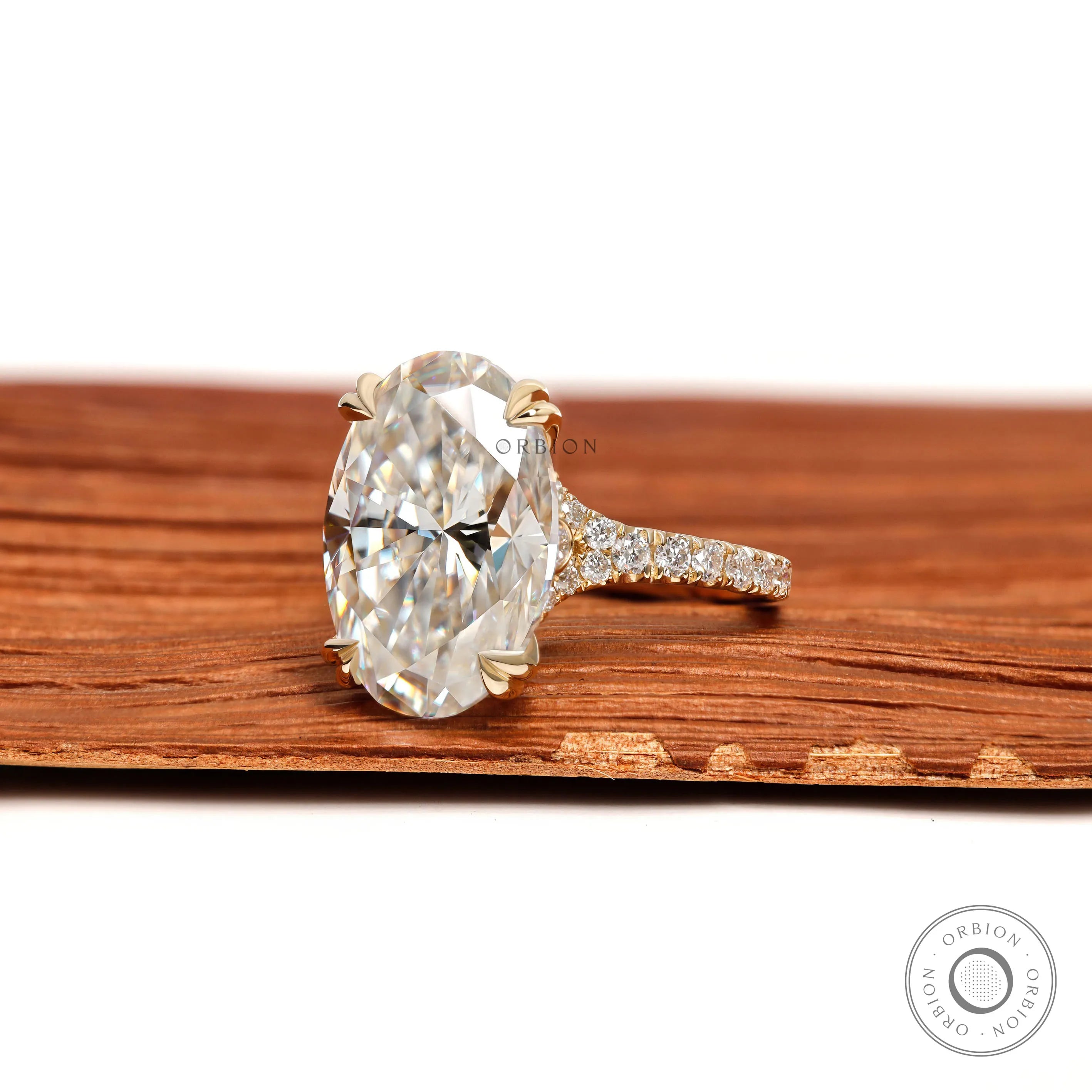 10k yellow gold cathedral ring with 5.50 CT oval moissanite or lab diamond solitaire, pavé split shank