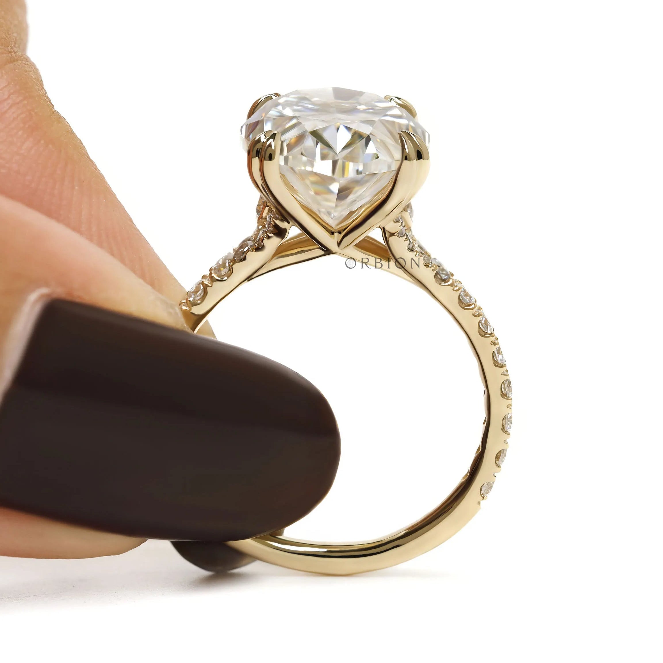 10k yellow gold big oval moissanite engagement ring, 5.50 CT solitaire, pave split shank, lab diamond option