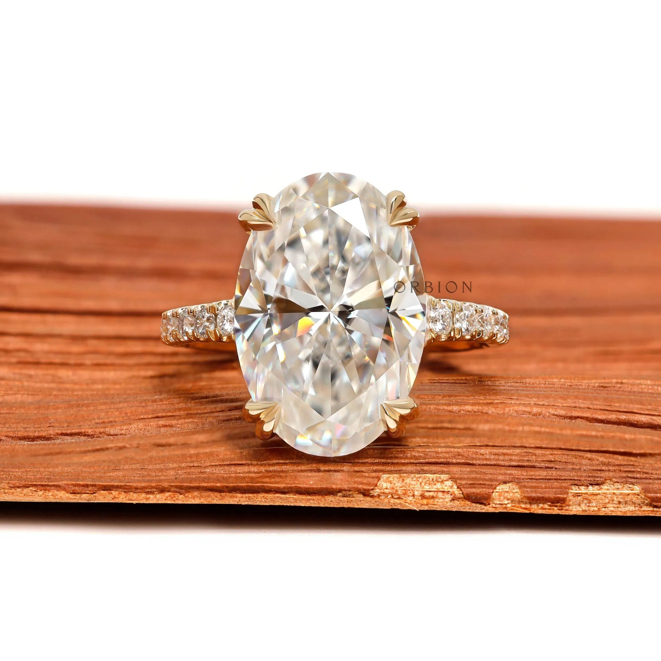 Big oval moissanite engagement ring, 5.50 CT solitaire, pave split shank, 10k yellow gold, lab diamond option