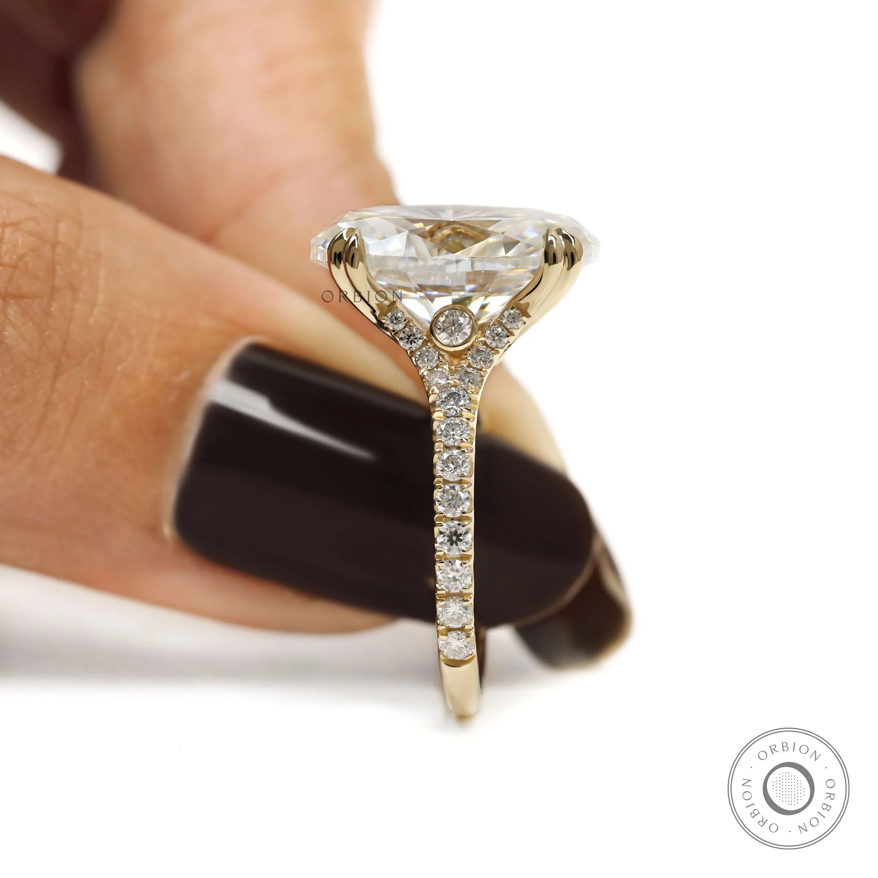 Oval moissanite or lab diamond engagement ring, 5.50 CT solitaire, split shank cathedral band, yellow gold