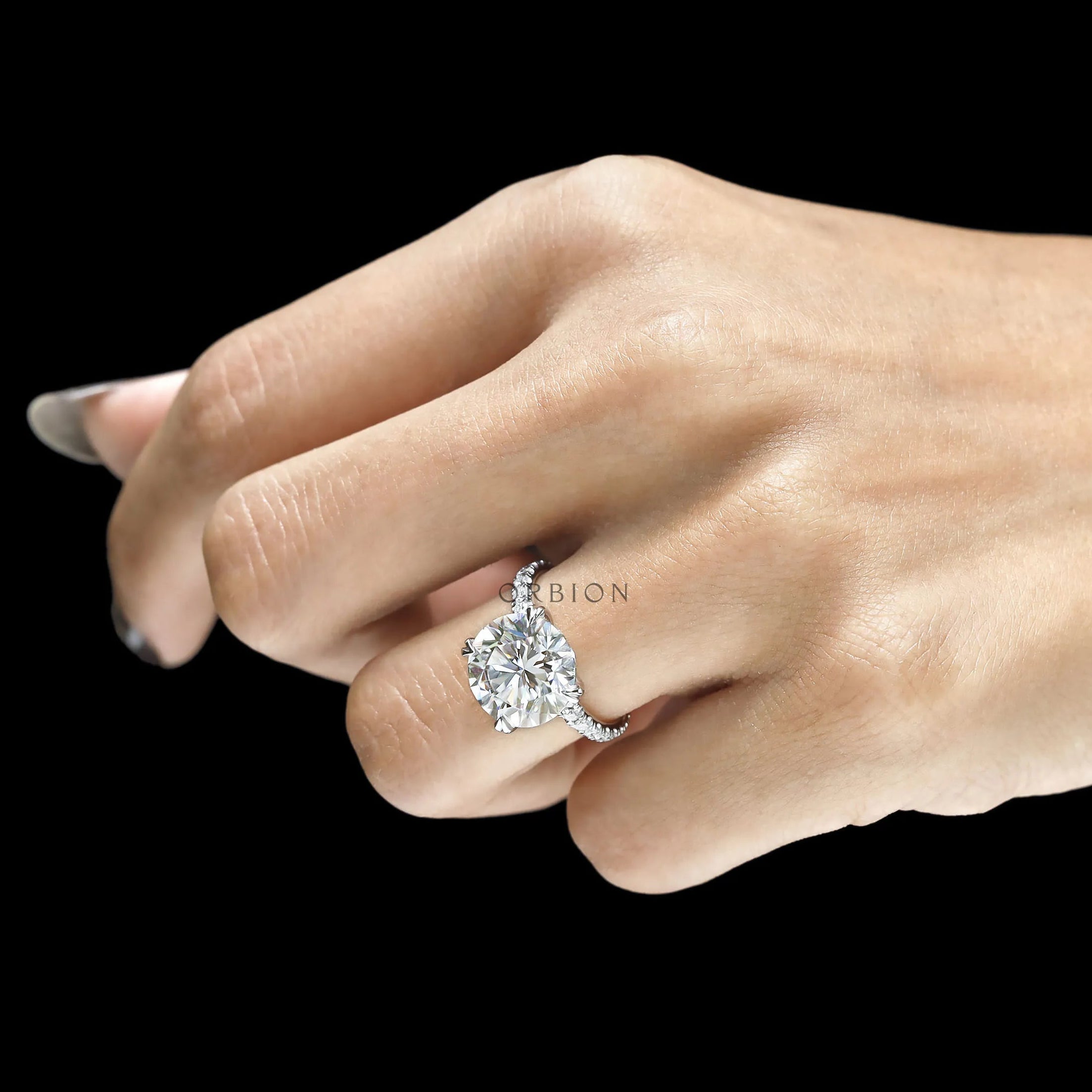 Large round moissanite solitaire engagement ring, 10.5 MM, pave split shank, 10k white gold