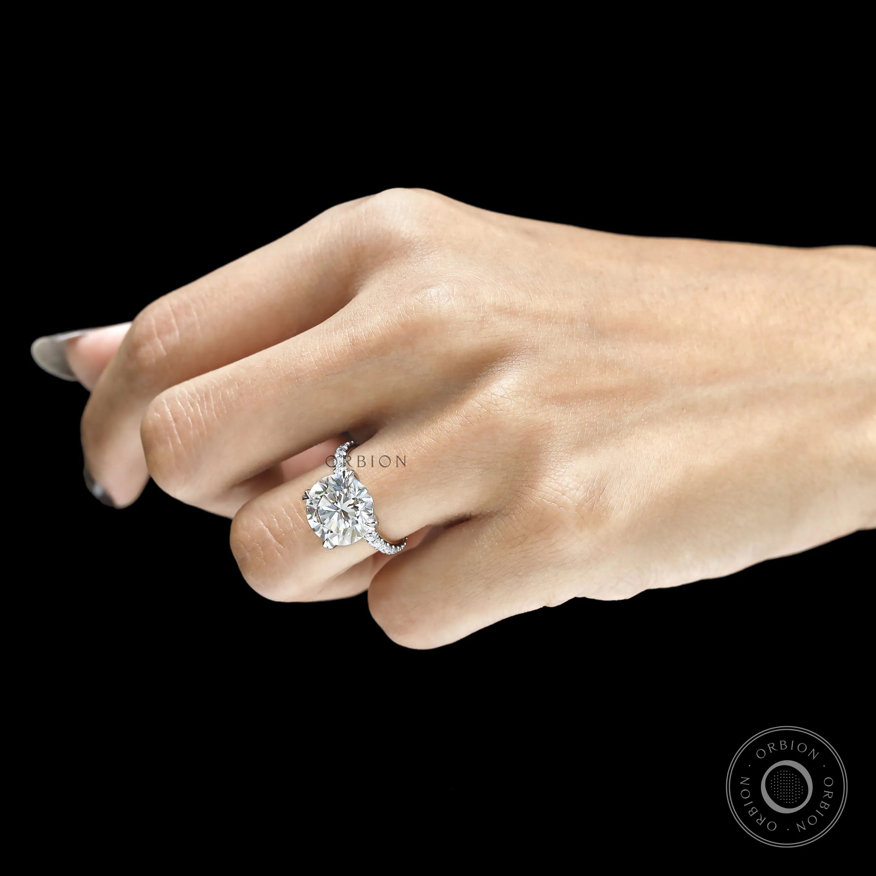 Large round moissanite solitaire engagement ring, 10.5 MM, pave split shank, 10k white gold