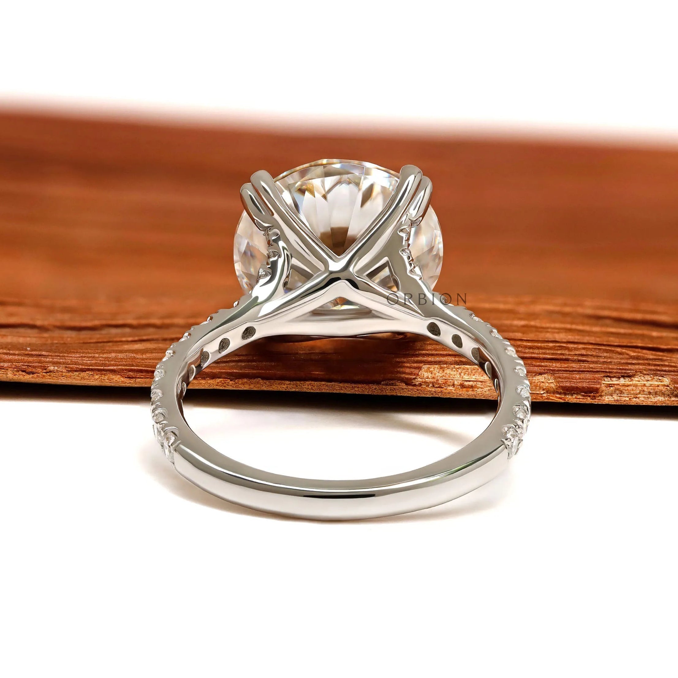 10k white gold round cut moissanite solitaire ring, 4.7 CT, pave split shank, cathedral design