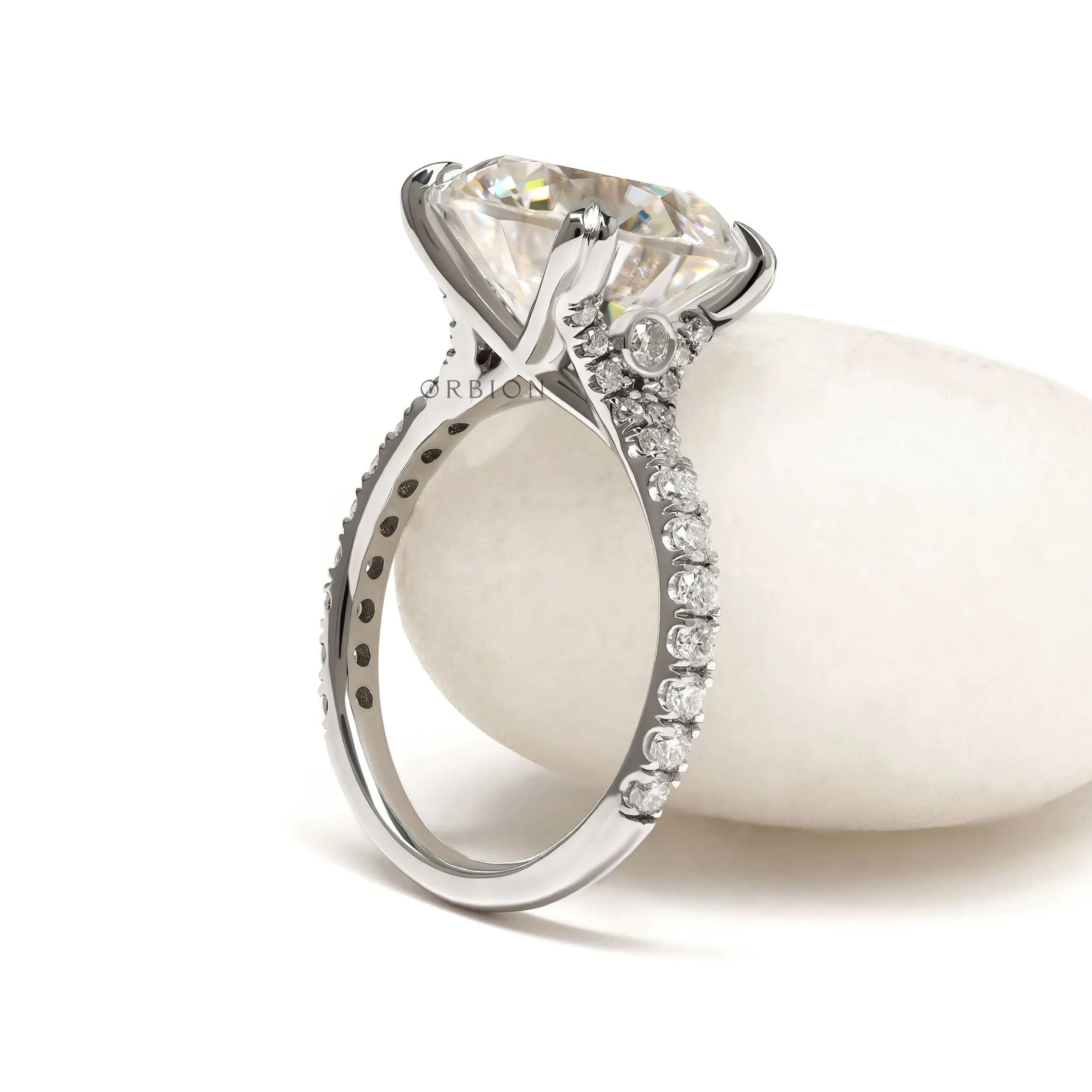 Large 10.5 MM round moissanite solitaire engagement ring, 10k white gold, cathedral split shank style