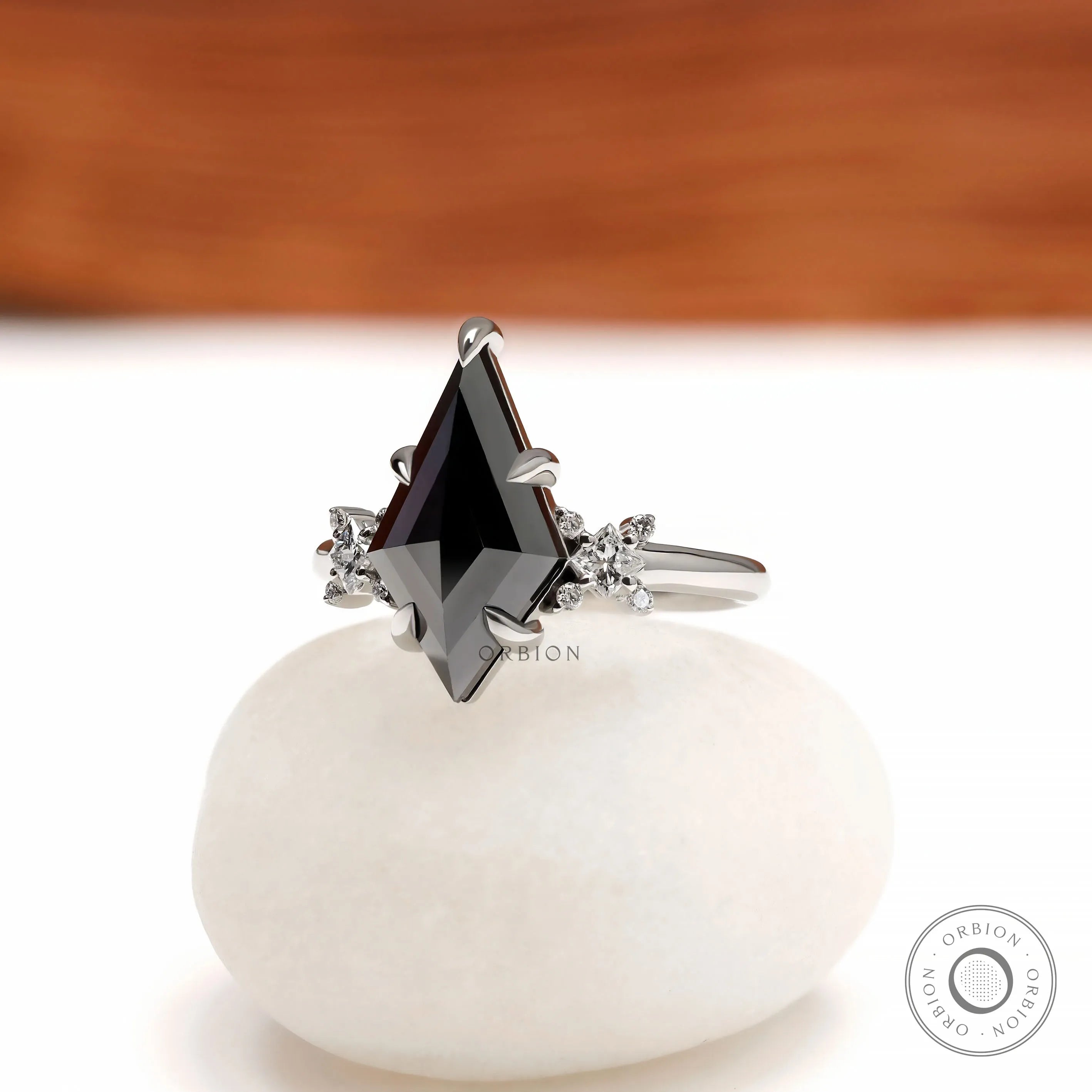 Gothic black moissanite engagement ring featuring 2 CT kite cut center stone