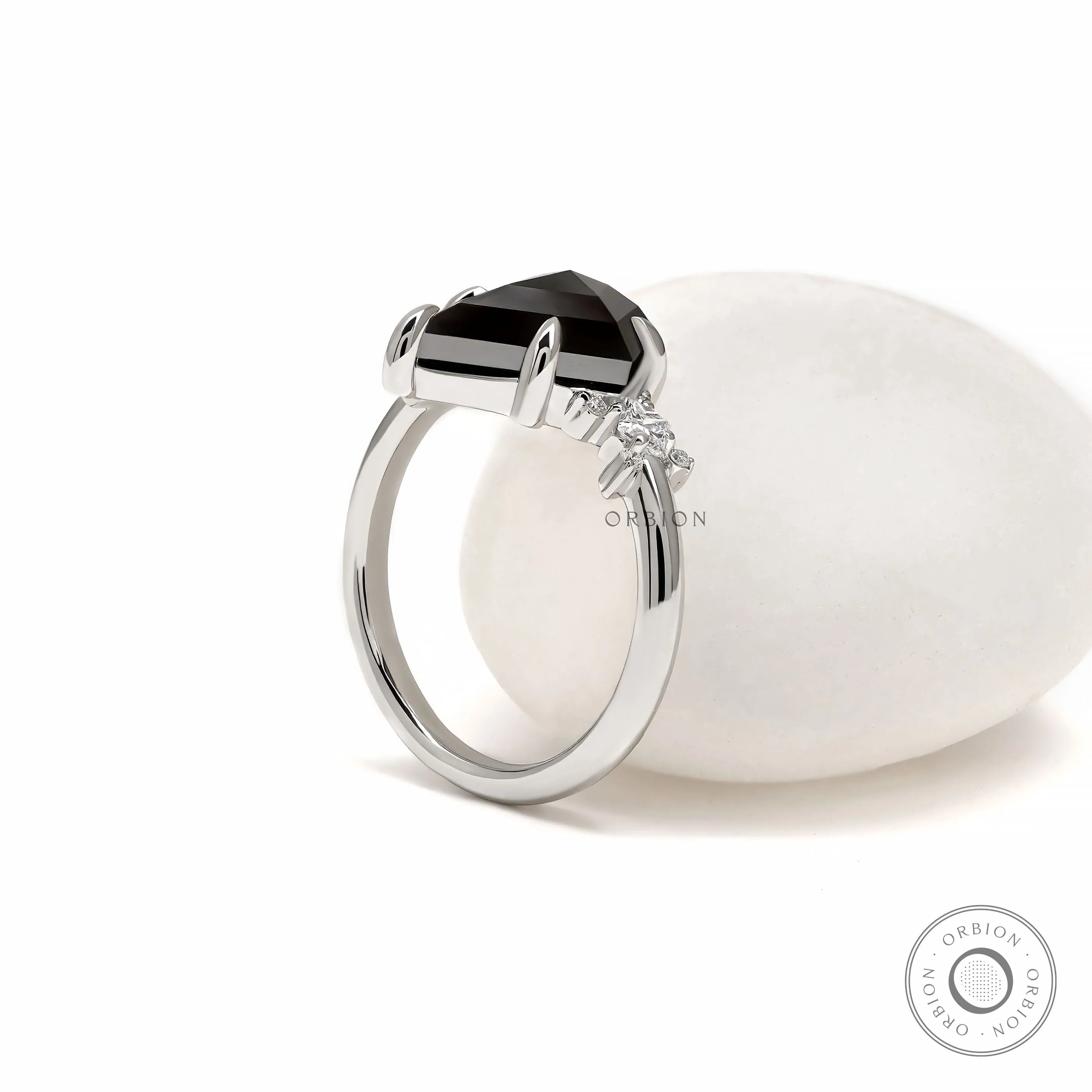 Unique gothic style 2 CT black moissanite ring with geometric kite cut design and sparkling accents