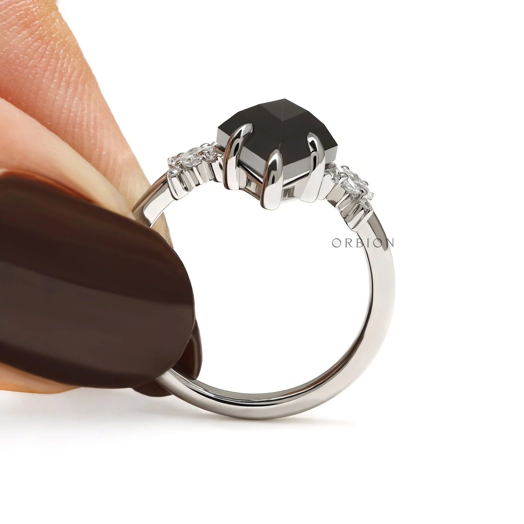 Black moissanite cluster engagement ring in platinum 950 featuring kite, princess and round cut stones