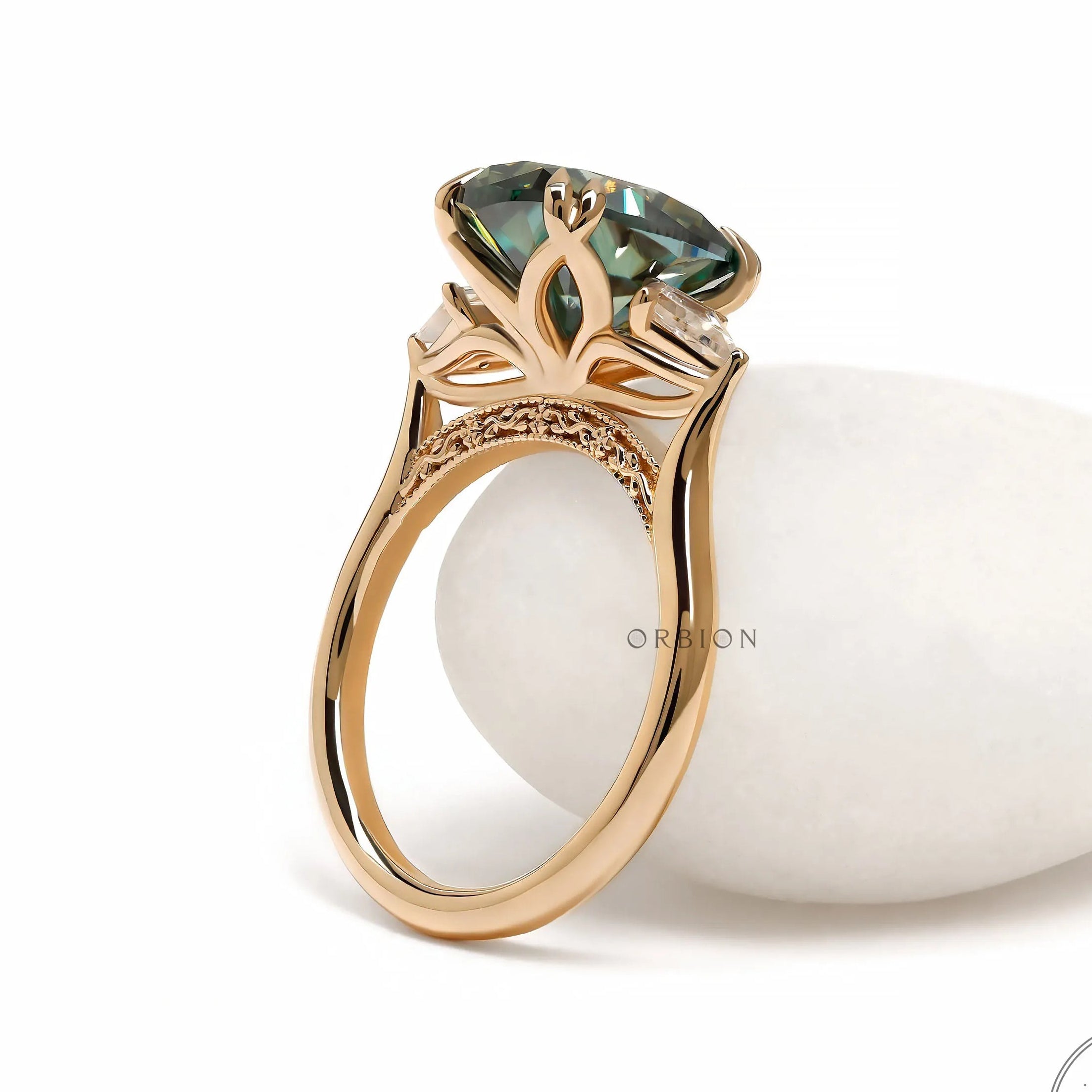 Oval blue green moissanite 3 stone engagement ring tulip setting