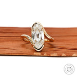 Antique moval lab grown diamond bypass engagement ring with old mine cut and swirl band in 14k yellow gold