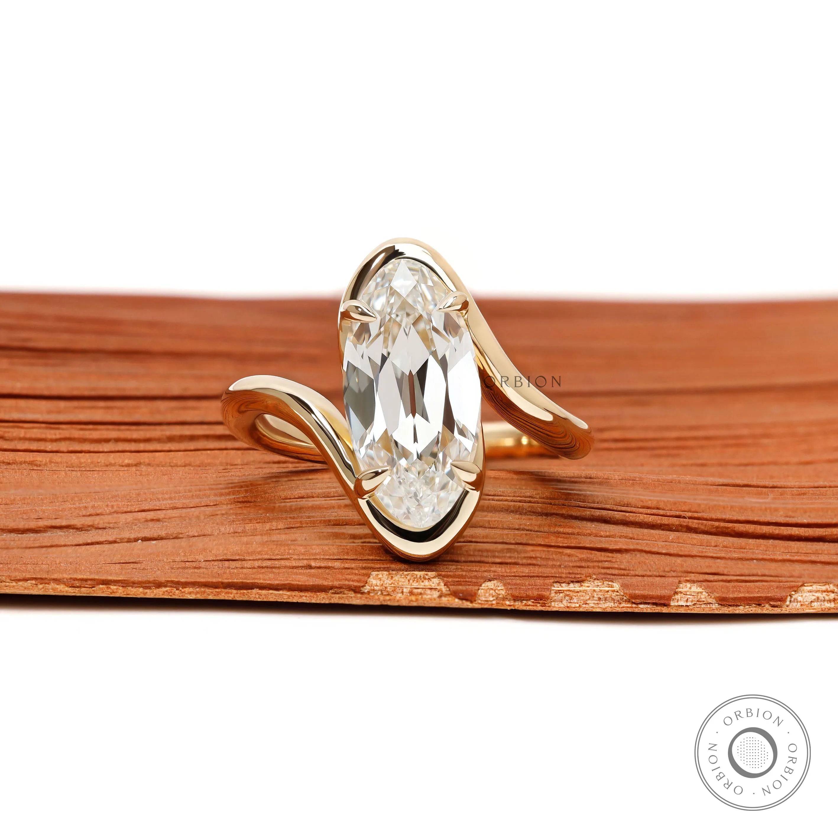 Antique moval lab grown diamond bypass engagement ring with old mine cut and swirl band in 14k yellow gold