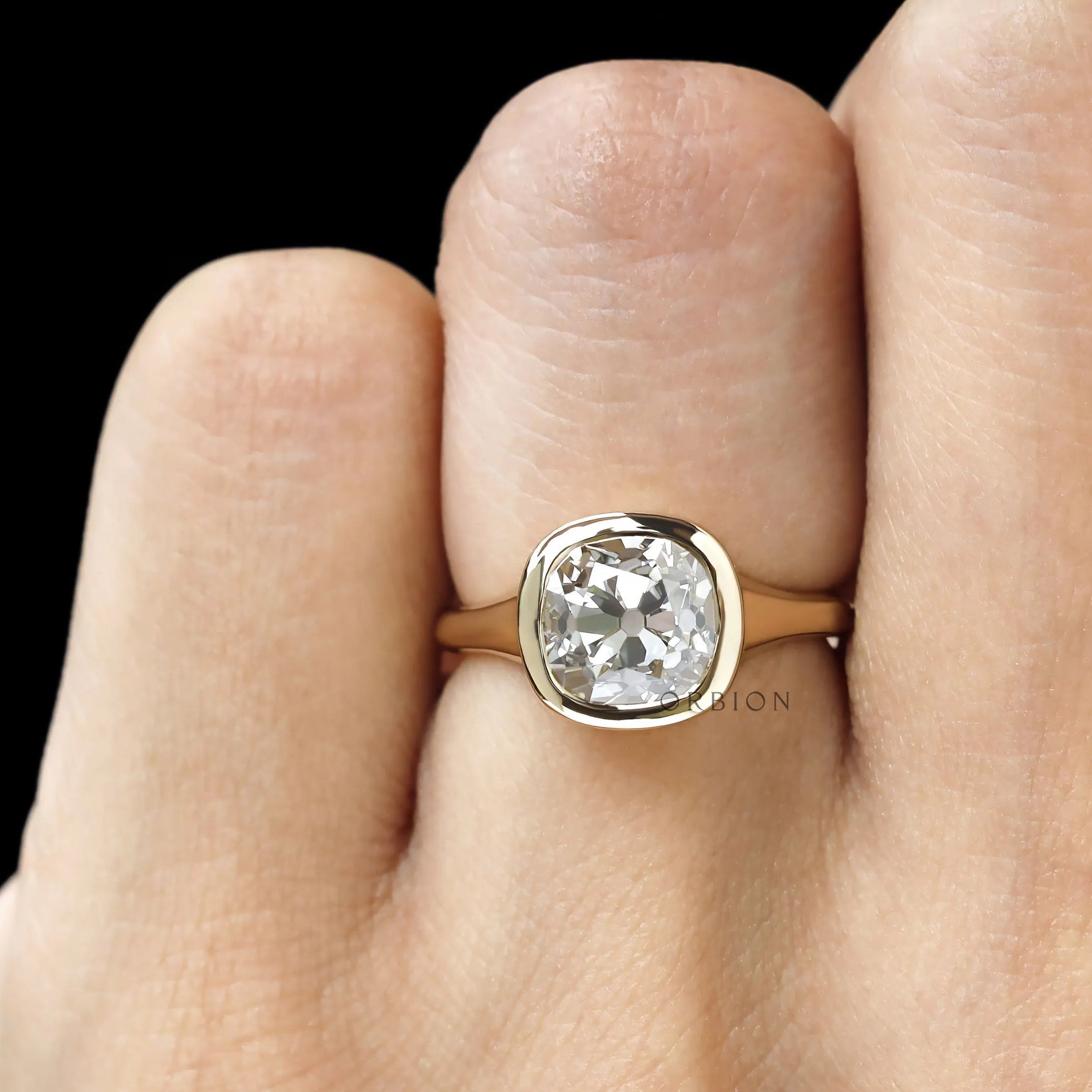 Elegant bezel set antique cushion engagement ring with lab diamond or moissanite, yellow gold