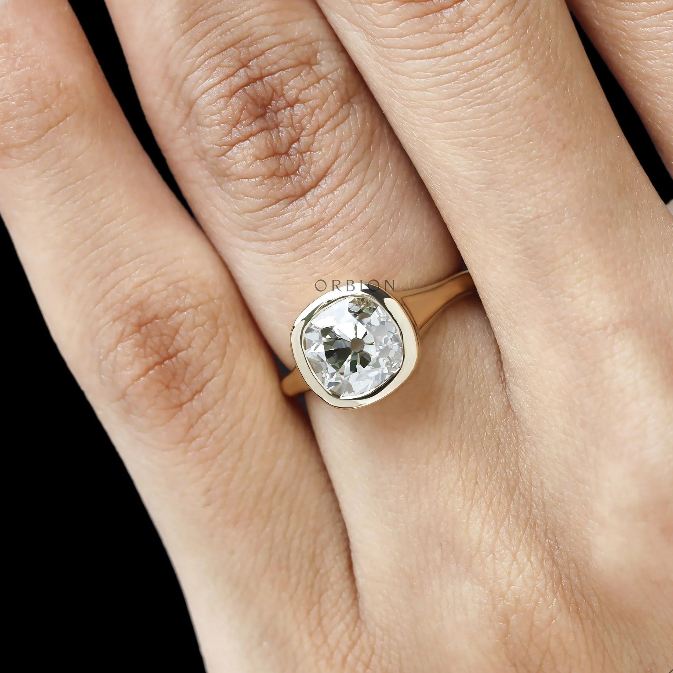 Timeless yellow gold chunky signet ring with old mine cushion lab diamond or moissanite