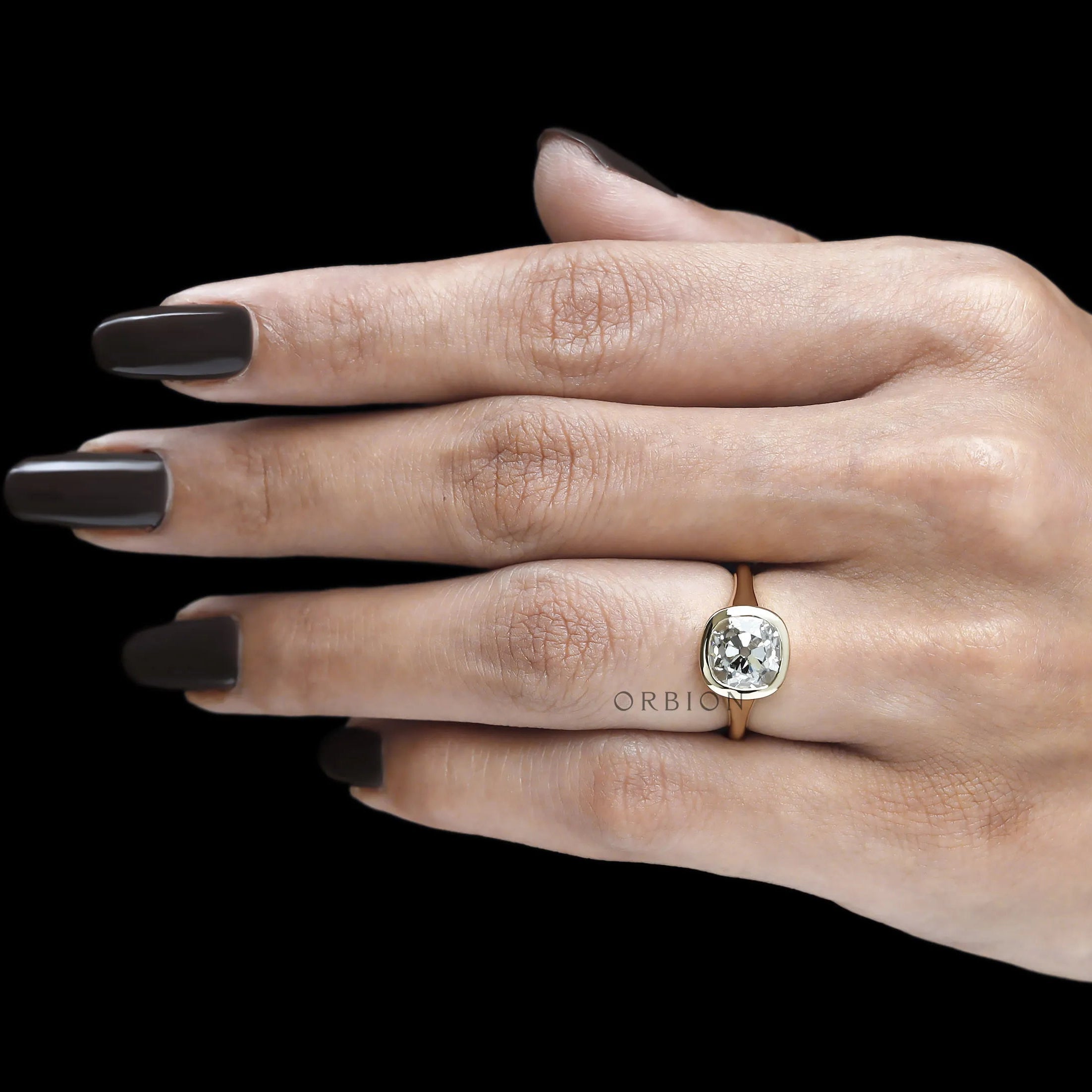 Luxury signet ring with antique cushion lab diamond or moissanite, bezel set, 18k yellow gold