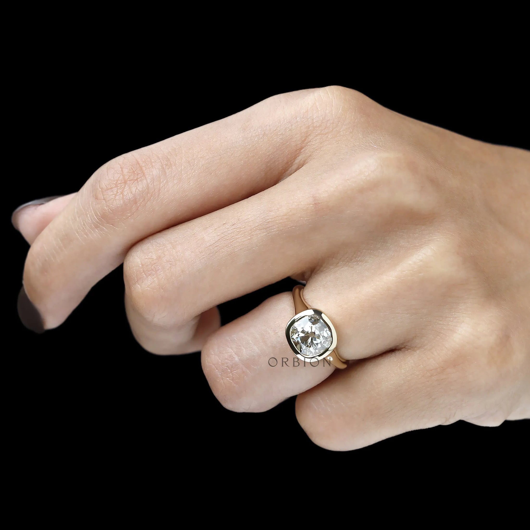 Vintage inspired old mine cushion cut lab diamond or moissanite engagement ring, bezel setting