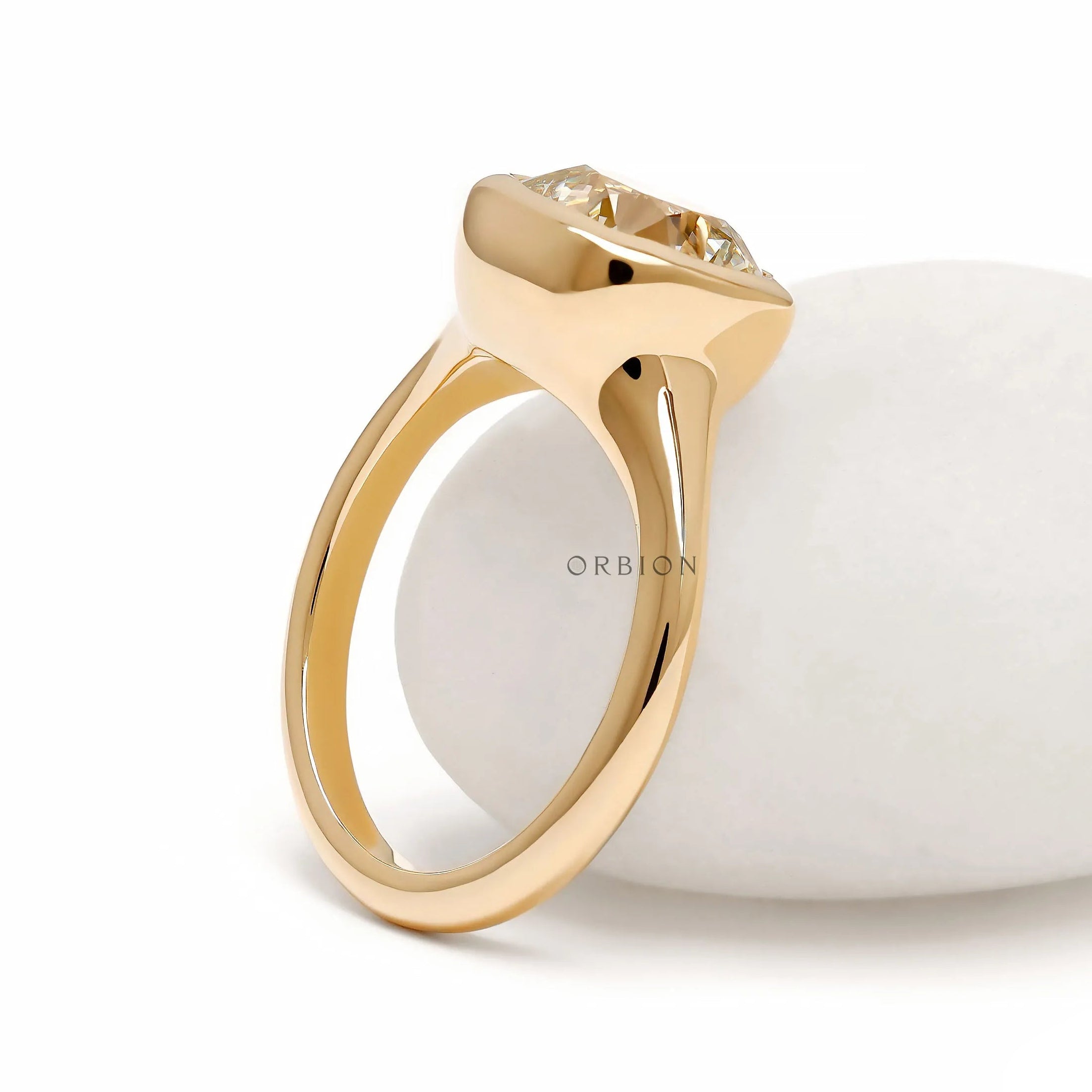 Old mine cushion lab diamond or moissanite signet ring, bezel set, 18k yellow gold