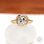 Old mine cushion lab diamond or moissanite bezel signet engagement ring in 18k yellow gold